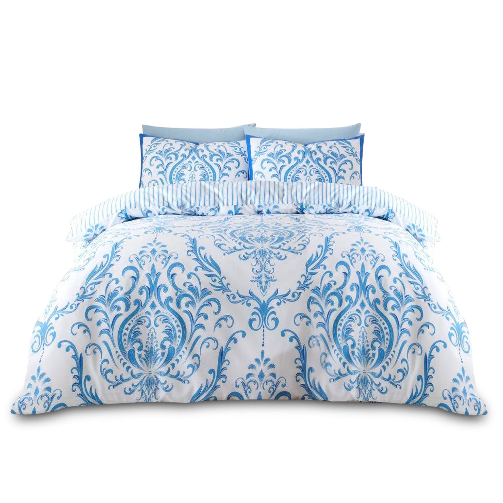 VELVETIO Luxury Damask Duvet Cover Set Double with Pillowcases, Breathable Printed Floral Bedding Bedset, Polycotton Reversible Stripe Quilt Coverlet, Blue