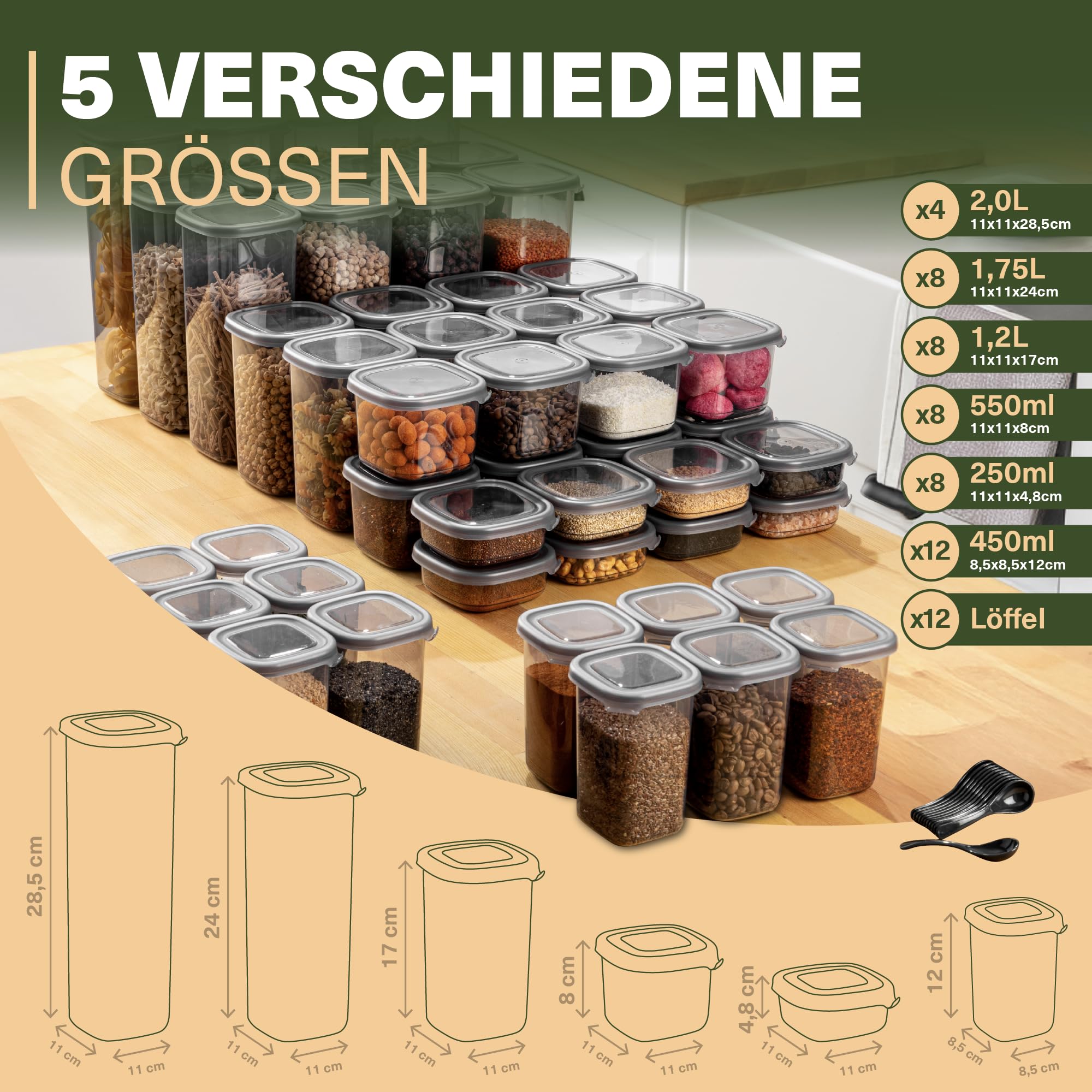 Viwares Contenitori con coperchio, ermetici, set da 48 contenitori senza BPA, per la conservazione della farina di cereali, cucina, pratico organizer da cucina, contenitori per alimenti