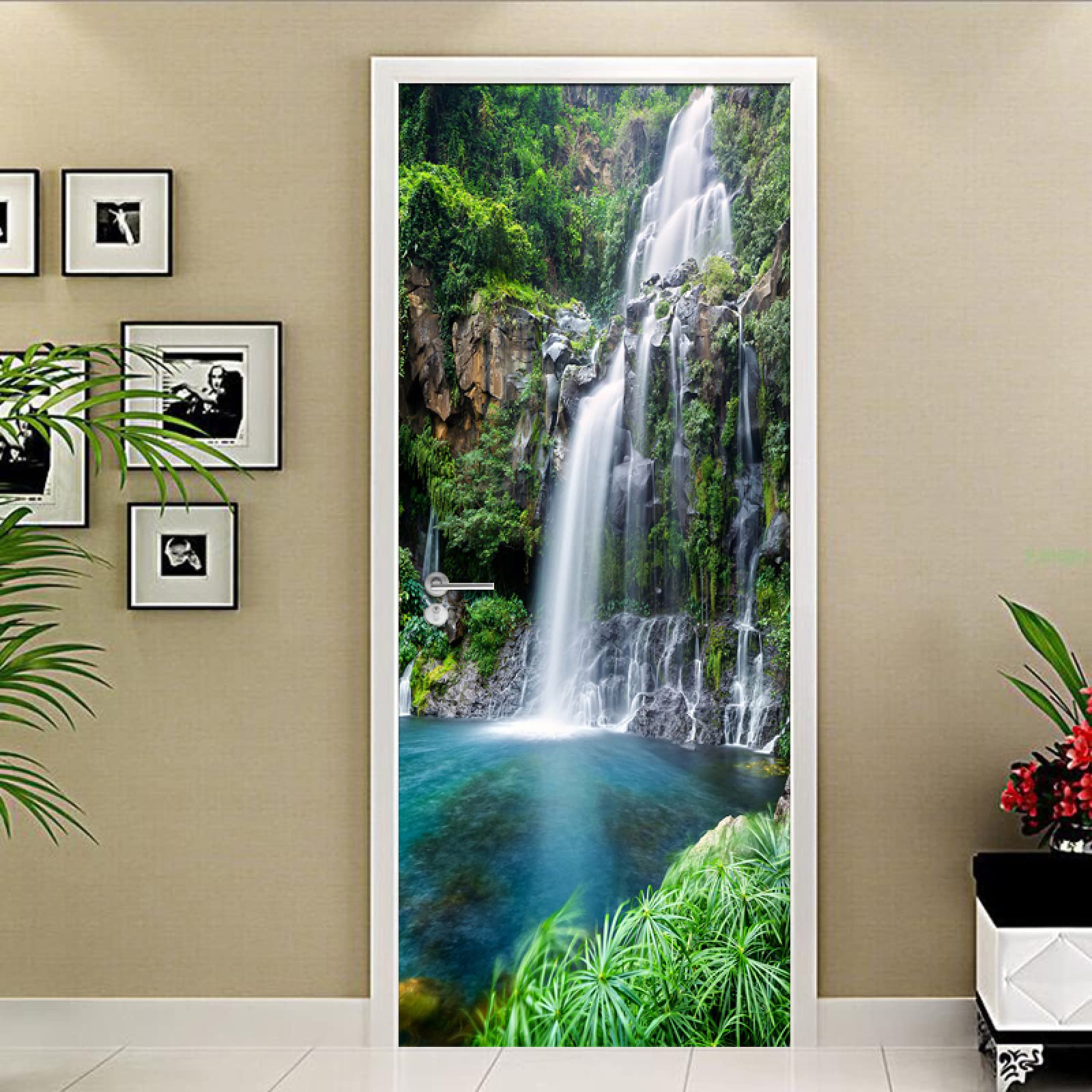 Sticker Mural Porte 3D Montagne Cascade 83x204cm Pagode Fleur De