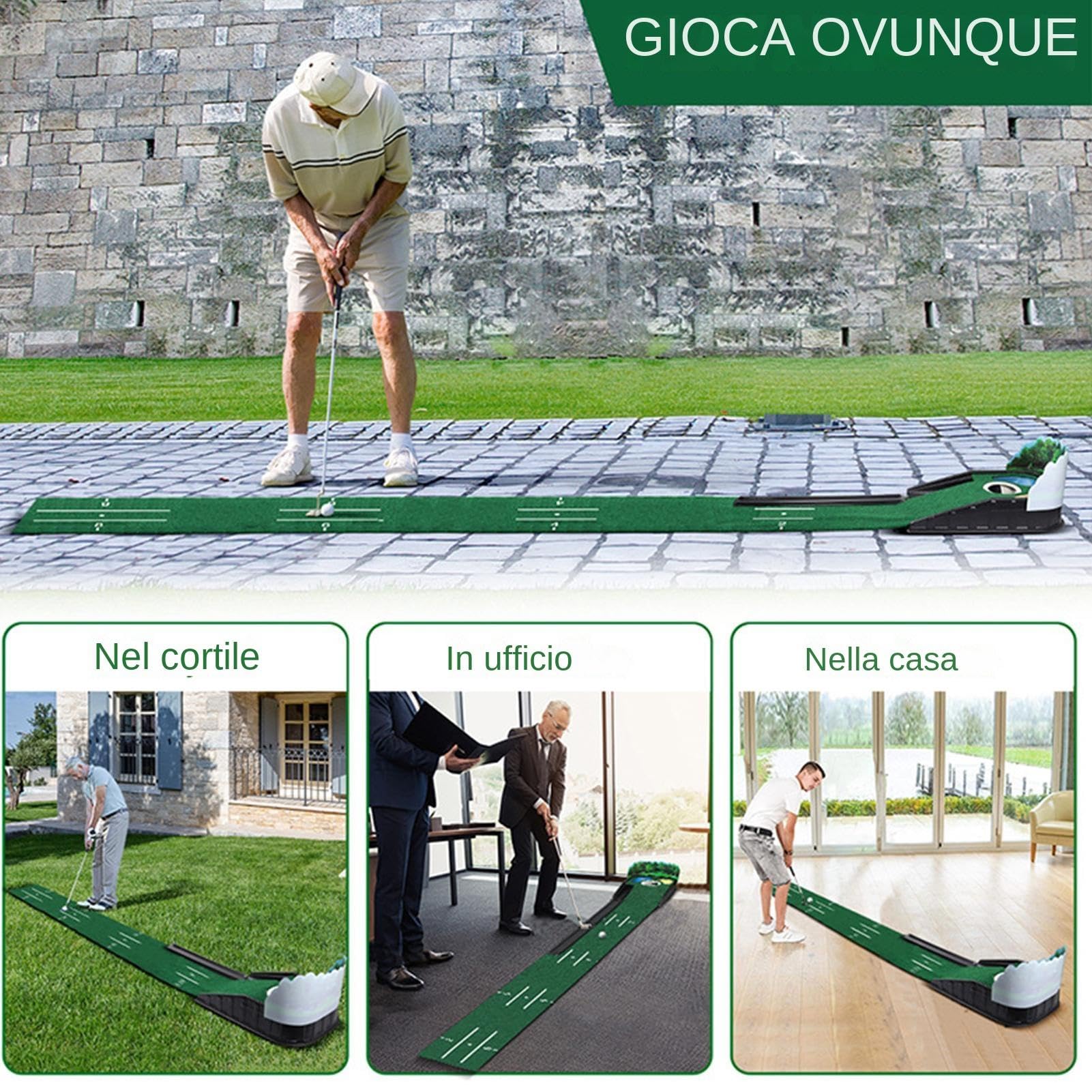 Putting Green per interni Tappetino da golf per interni Lussuoso tappetino in velluto Legno massiccio da golf Ritorno automatico della pallina Golf per interni/esterni Pratica del putting domestico Ta