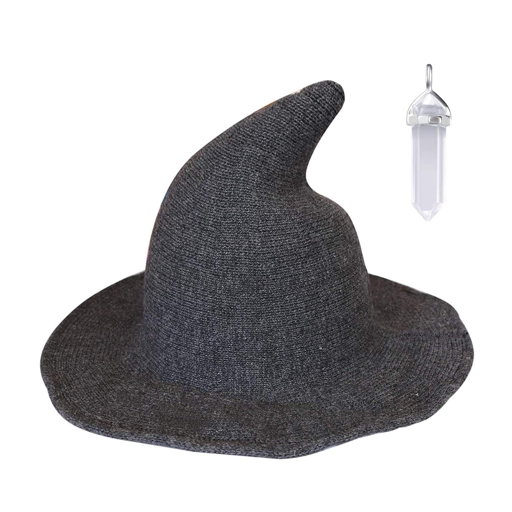 YAMEE Womens Witch Hat Wizard Kinitted-Wool Hats Adult Costume Party Accessory Halloween Masquerade Cosplay Cap (Gray)