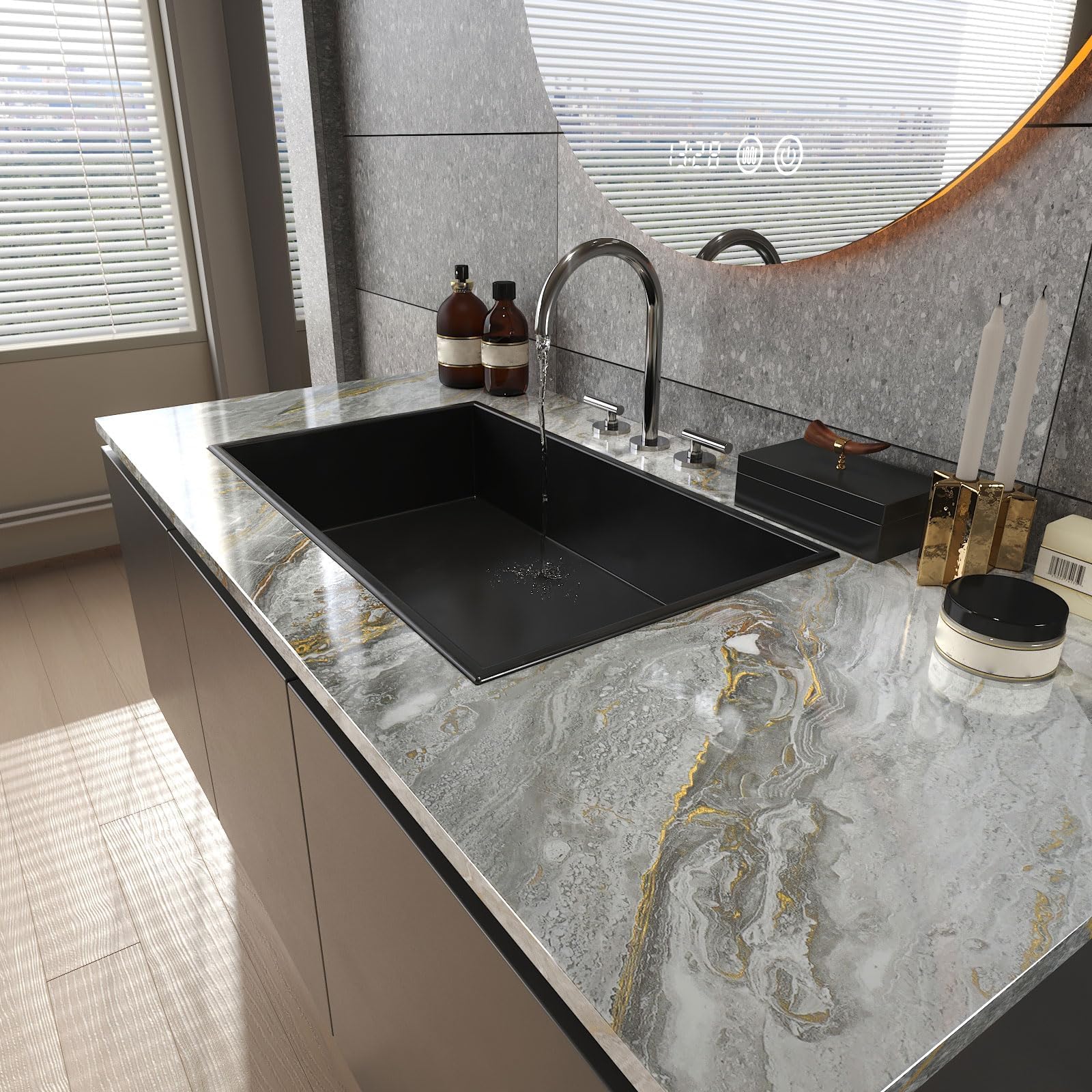 LaCheery 90cm x 400cm Vinilo Adhesivo Muebles Encimera Marmol Papel Adhesivo para Muebles Gris Oscuro Dorado Impermeable Papel Pintado Autoadhesivo Marmol Moderno para Cocina Encimera Mesas Puertas