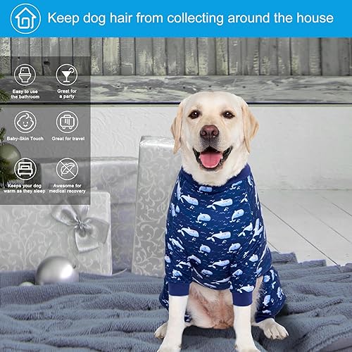 Miniatura 6 de LovinPet Traje para perro grande, mameluco para cirugía, pijama para perro de raza grande, estampado ligero de ballena azul marino, pijama para