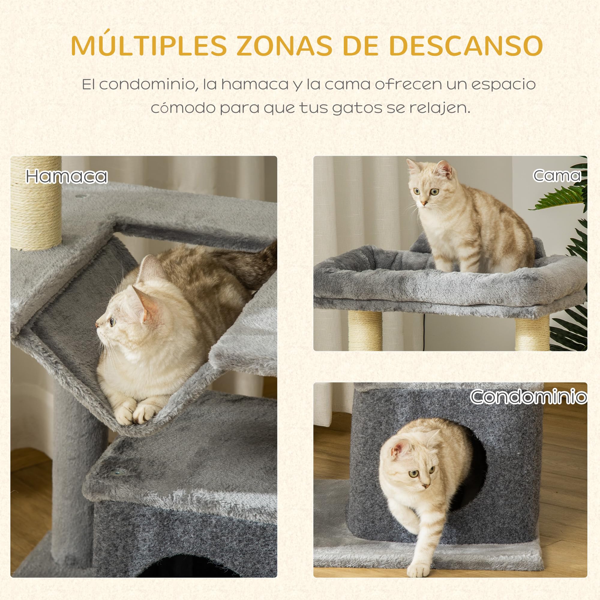 PawHut Árbol Rascador para Gatos Altura 90 cm 3 Niveles 48x48x90 cm Gris | Árbol para Gatos, Torre, Nido, Hamaca, Plataforma, Bolas Colgantes, Poste de Sisal
