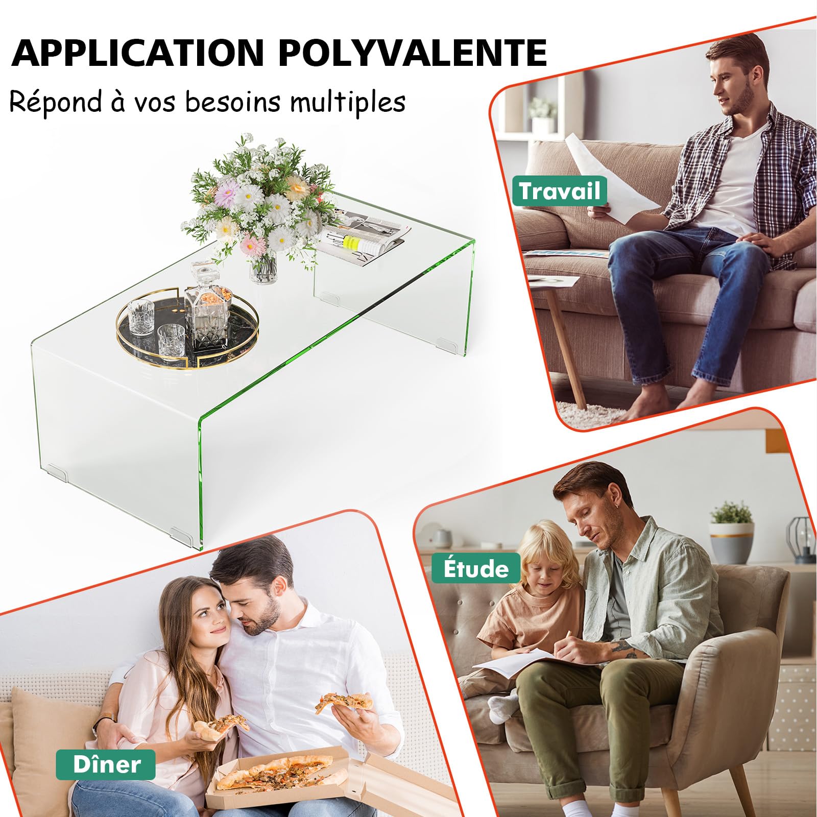 COSTWAY Table Basse/ d’Appoint en Verre Trempé Rectangulaire Forme de U avec Bords Arrondis Lisses, Table Basse Transparente Simple & Moderne pour Salon, Bureau, Hôtel
