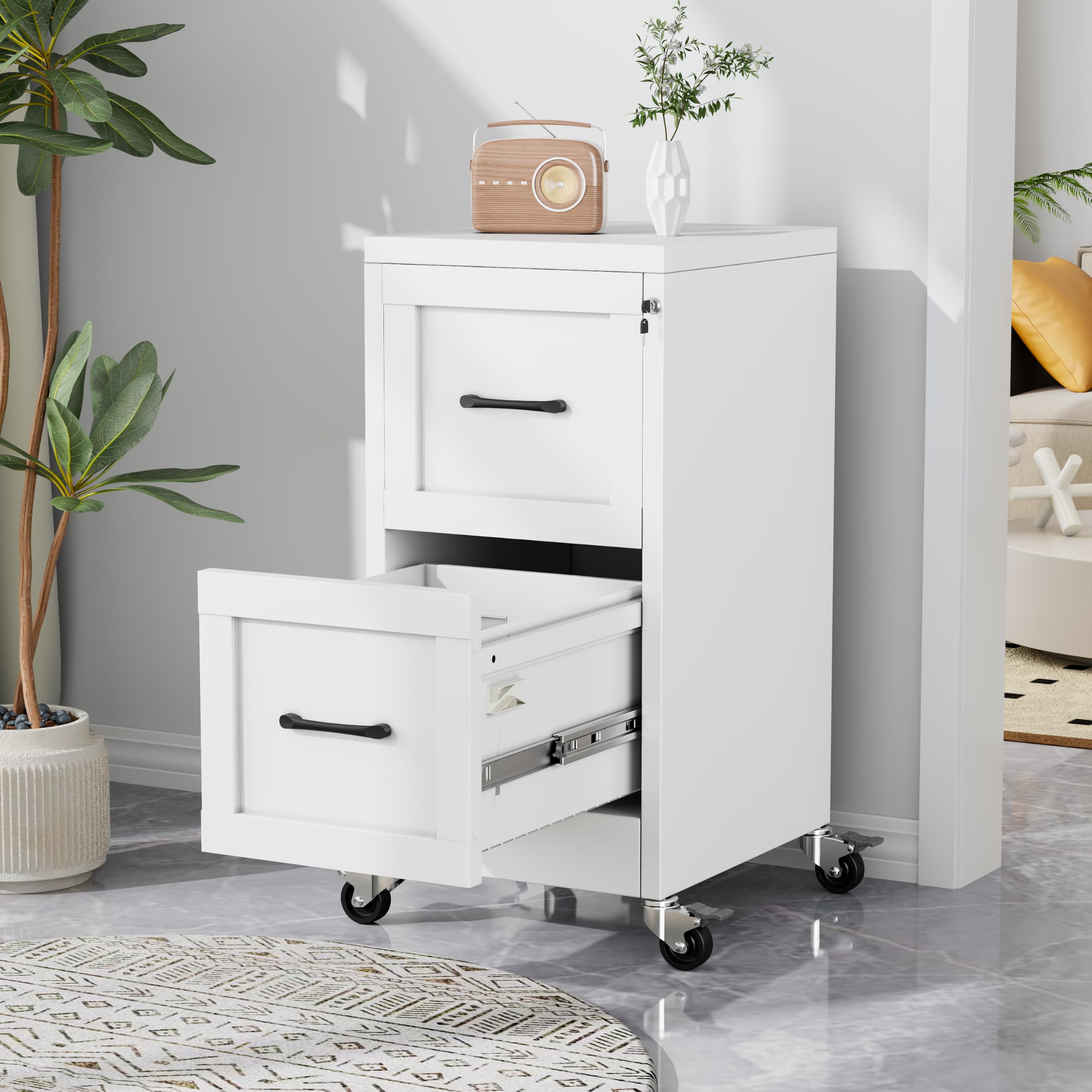 2-Drawer Rolling Metal File Cabinet with Lock, Narrow, White