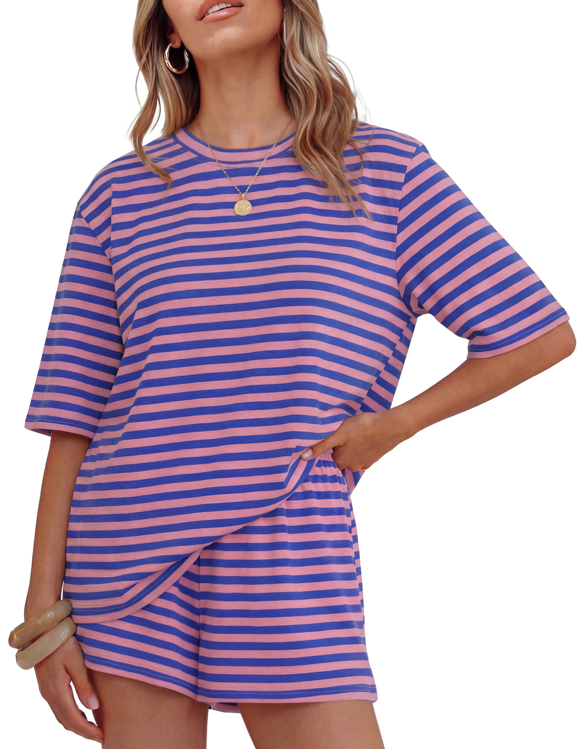 Womens Summer 2 Piece Short Sets Striped Oversized Matching Lounge Airport Travel Workout Beach Vacation Outfits-image-45