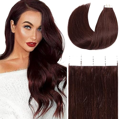 Loxxy 22Inch Tape in Hair Extensions Human Hair Real Remy Tape in Natural Hair Extensions Red Wine Color #99J Invisible Skin Weft Pu Tape in Extensions Human Hair 20Pcs 50Gram