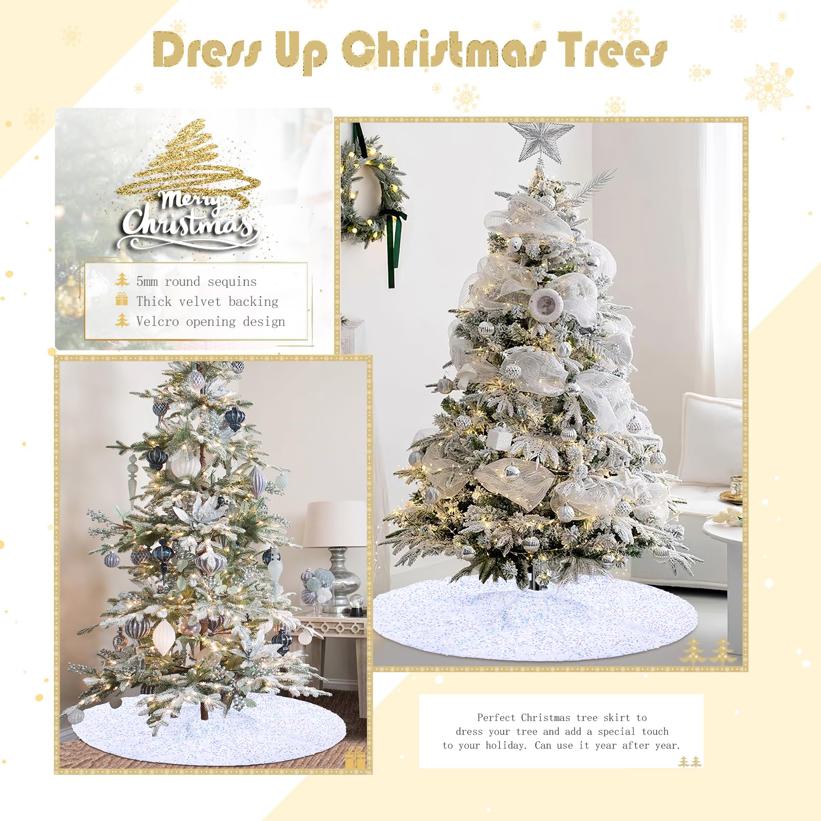 Gonna per albero di Natale con paillettes, 122 cm, rotonda, in velluto, con paillettes bianche iridescenti glitterate, per decorazioni dell'albero di Natale