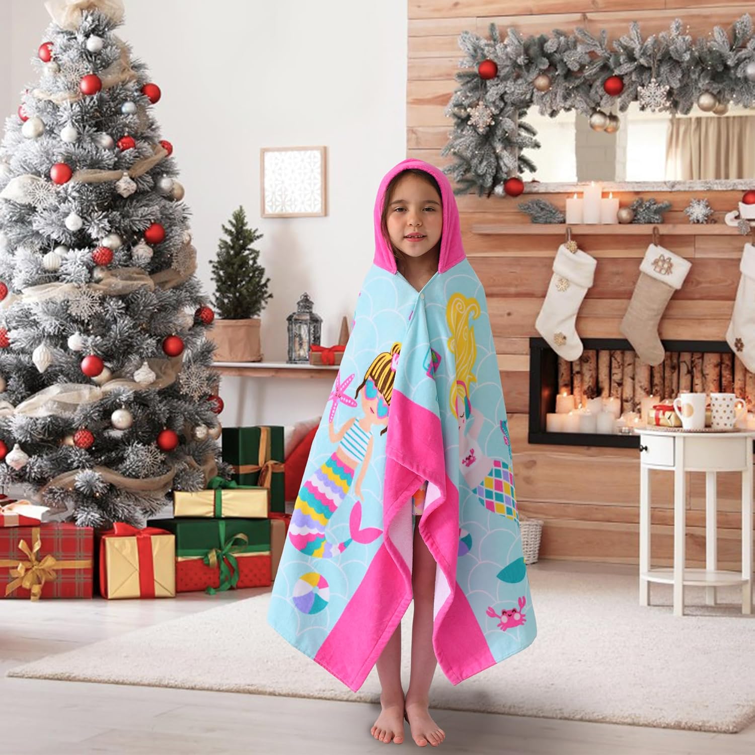 VOOVA & MOVAS Hooded Towels for Kids 2PC Set | 30''X50'' Oversized Bath Towels with Hood & Cotton Bathrobe for Toddlers 3T-10 Years, Perfect for | Pool | Birthday, Mermaid Theme
