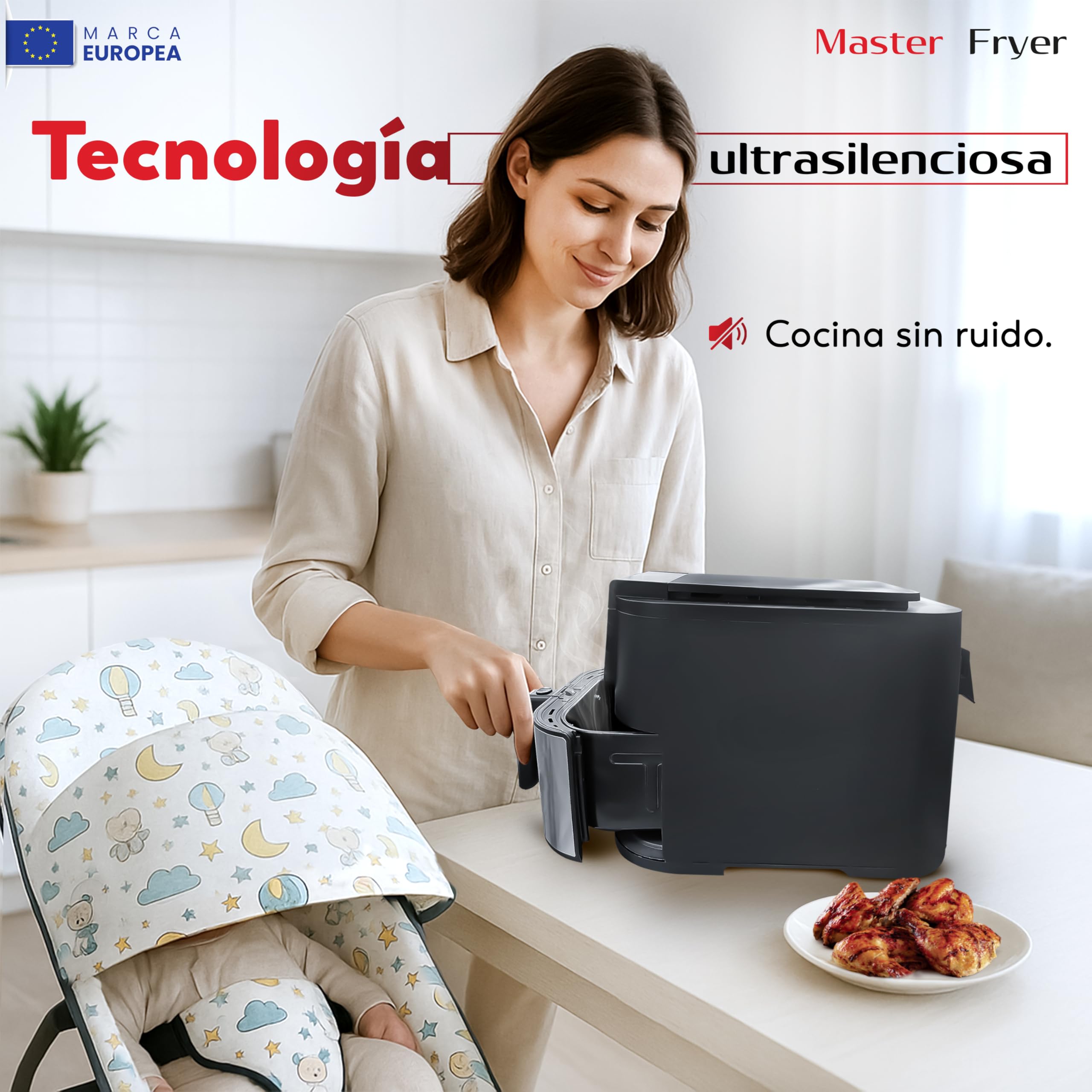 Boston Tech Freidora de Aire Master Fryer 5L, 1500W, 5 Programas, Pantalla LED, Control Táctil, Temperatura Ajustable, Cesta Antiadherente, Temporizador, Incluye Recetario, Acero Inoxidable