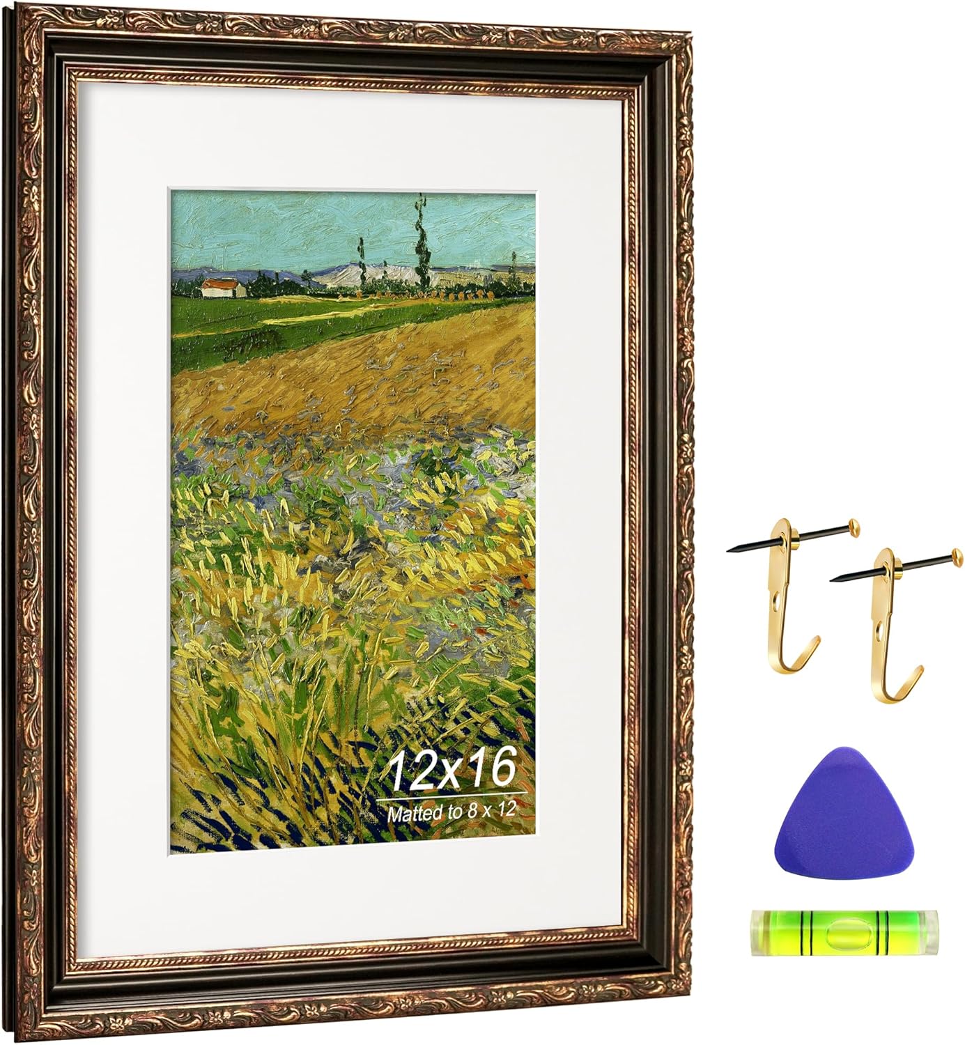 12x16 Picture Frame, Ornate Embossing Frame with Paper Mat and Plexiglass, Fit for 12x16 without Mat or 8x12 with Mat, Wall Mounting Display for Art Prints, Bronze and Antique Gold, 1 Pack