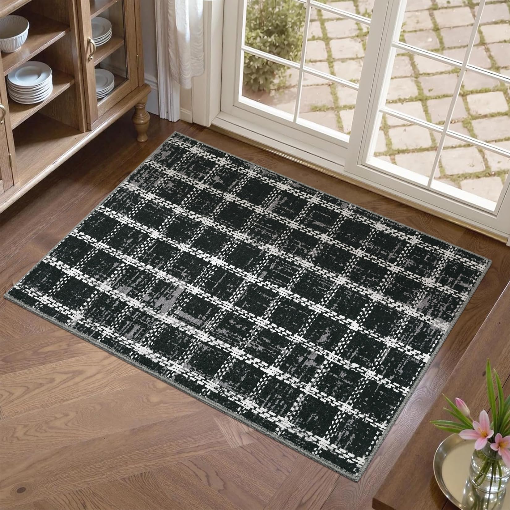 Door Mat Indoor Rugs for Entryway Checkered Small Rug 2x3 Washable Non-Slip Braided Geometric Print Soft Low-Pile Throw Carpet for Bedroom Kitchen