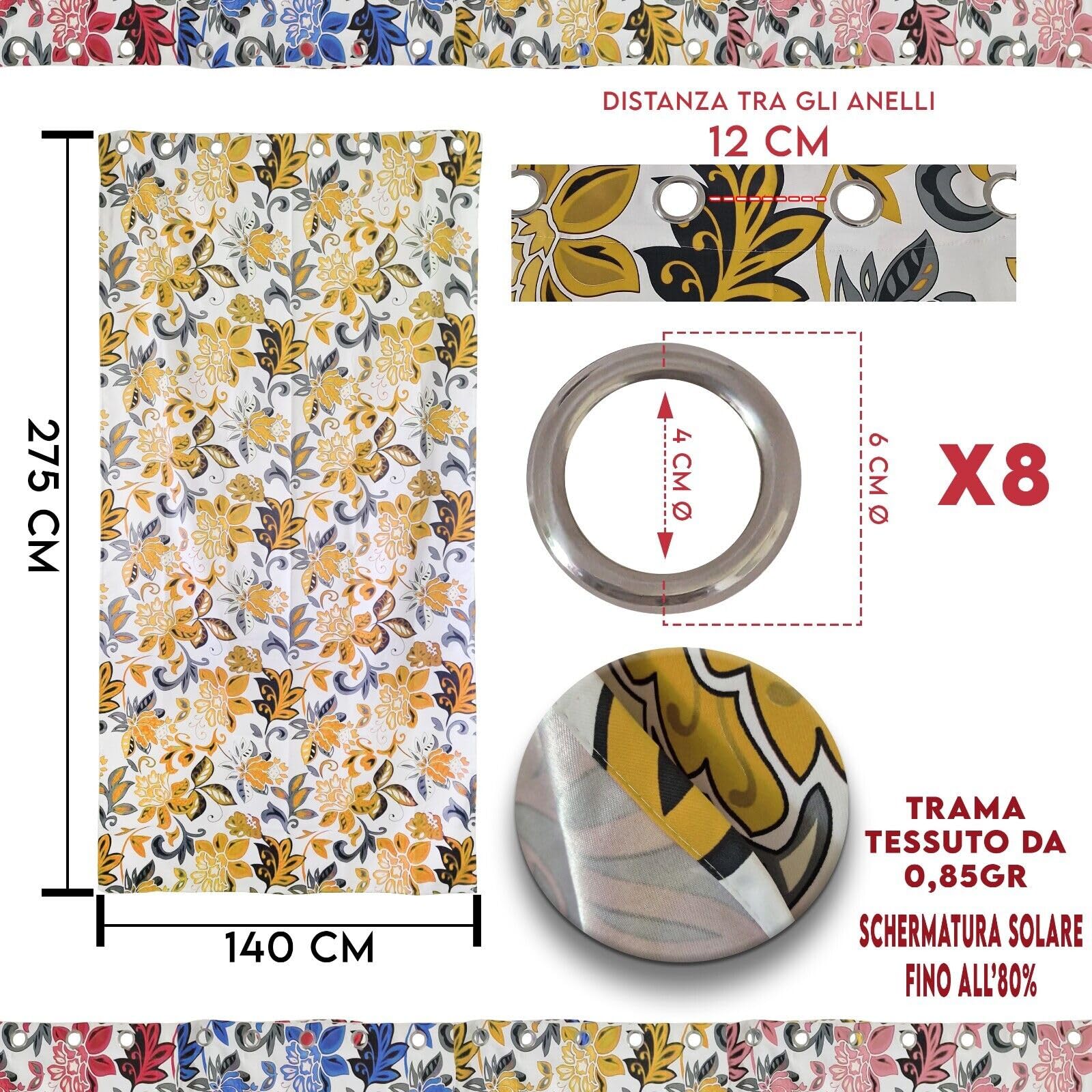 MAKA 2PZ Tende per Interni 8 Occhielli 140 x 285 cm Tenda Finestra Julia Fiori Moderna per Soggiorno 100% Poliestere Ombreggianti Camera Letto Diametro Anello 5cm Decorativa Para Sole (Giallo)