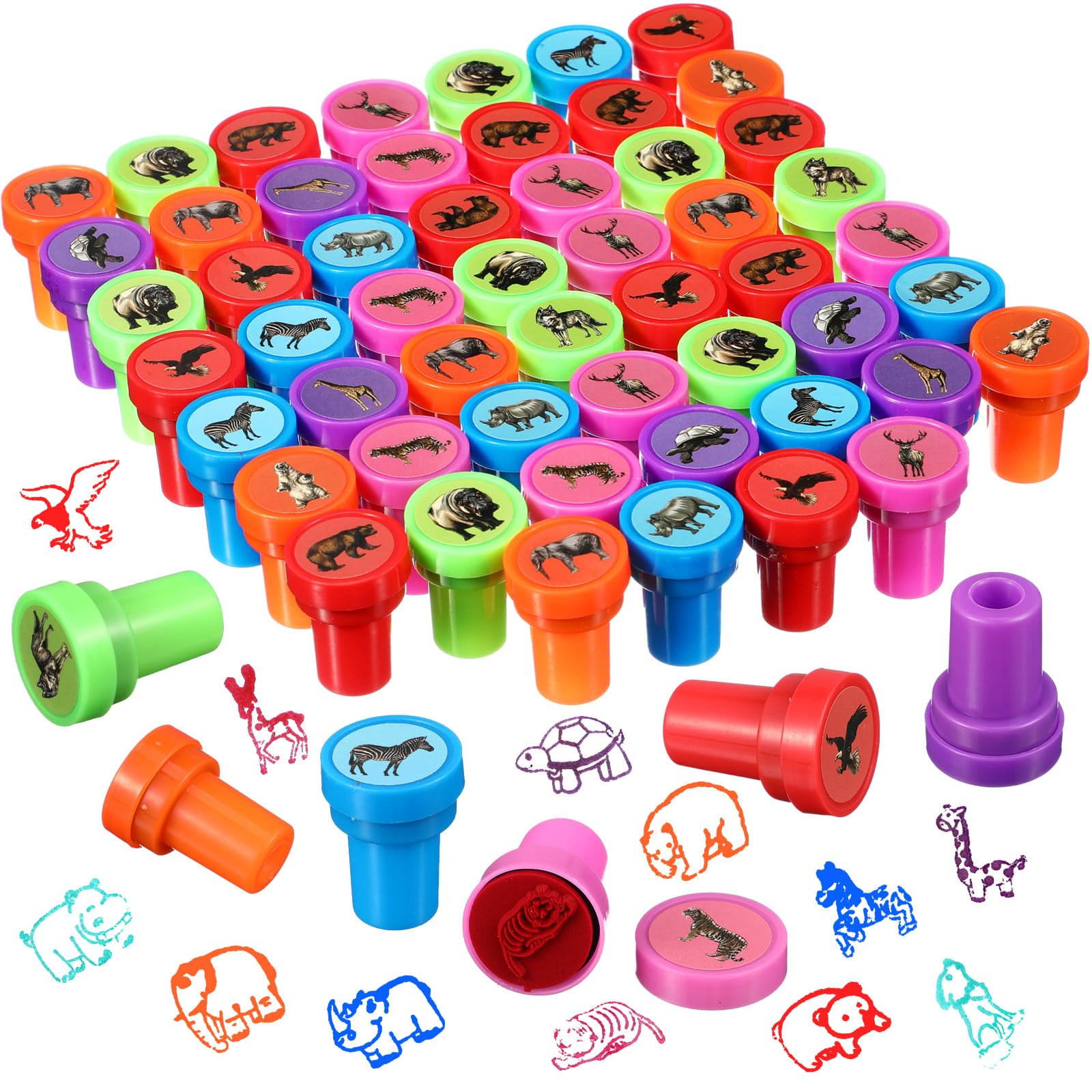 Geelin 100 Pcs Wild Animal Assorted Stamps for Self Ink Stamps Bulk 12 Designs Wild Animal Stampers for Woodland Prizes Goodie Bag Fillers