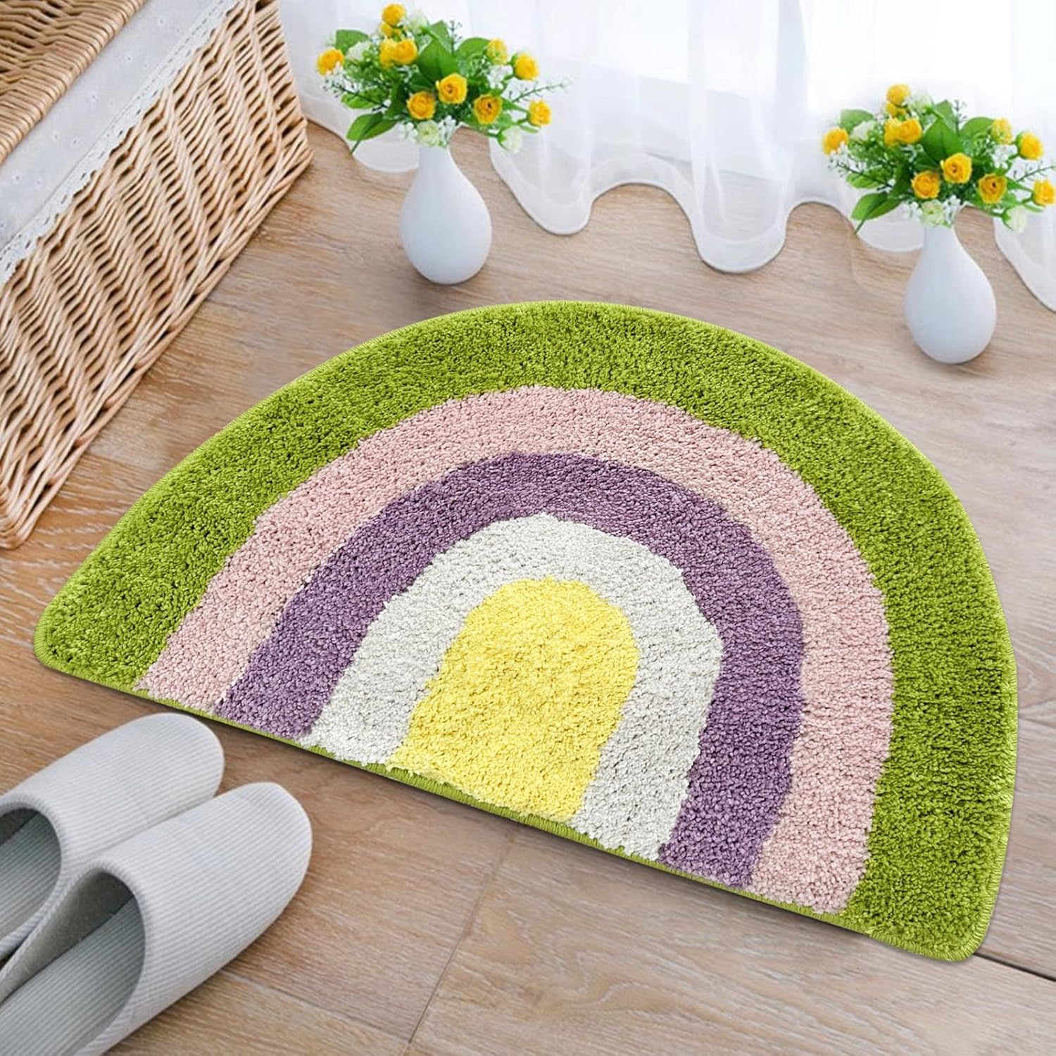Rainbow Bathroom Rug Half Circle Bathmat Door Mat Small Bath Area Rug Kids Room Rug Water Absorbent Quick Dry Shower Floor Mat for Kitchen Entrance Farmhouse 17.7"x27.6", Green Edge