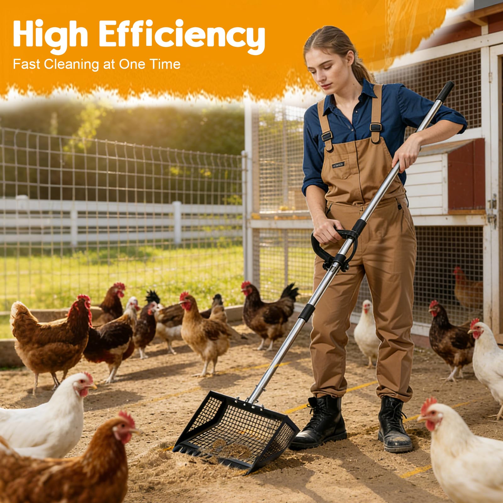 Pala per escrementi di pollo da 25,5 cm, con manico ergonomico, accessorio regolabile in acciaio inox per pollaio, pala multiuso estensibile per proprietari di pollame e gatti, regolabile 102-182 cm