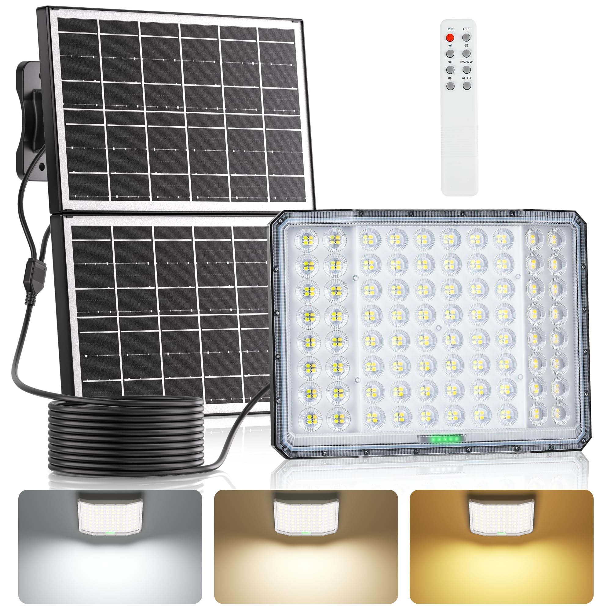 Lampada Solare LED da Esterno con Timer e Telecomando, Faro LED 15000mAh, Dimmerabile 3000/4000/6500K, Impermeabile IP66 per Giardino, Cortile e Esterni