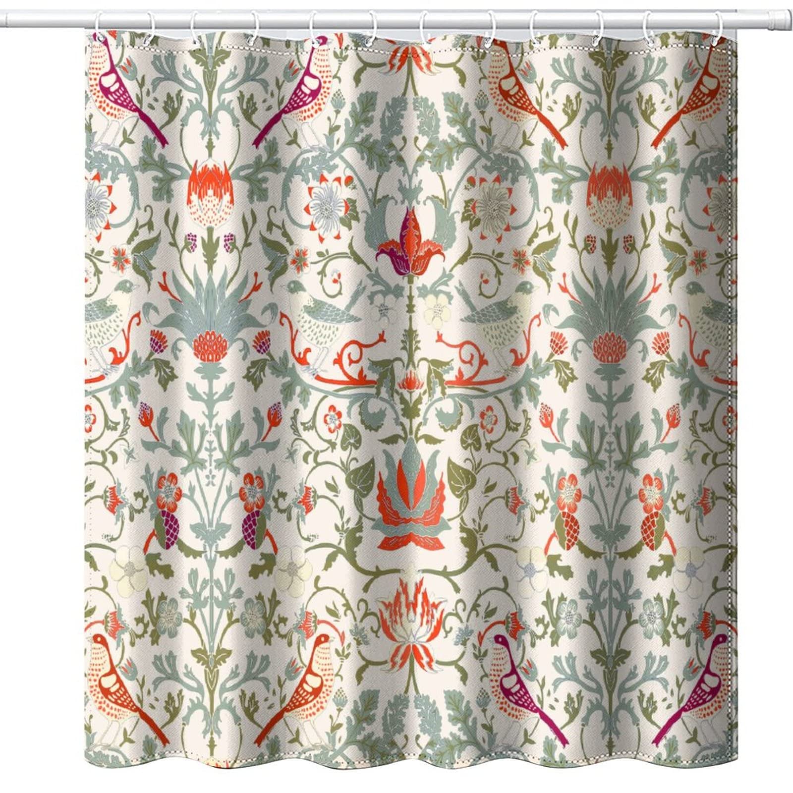 INSFBRB Bohemia William Morris Art Fabric Shower Curtain,Abstract Retro Mid Century Boho Floral Bird Hotel Quality,Machine Washable,84L x72W for
