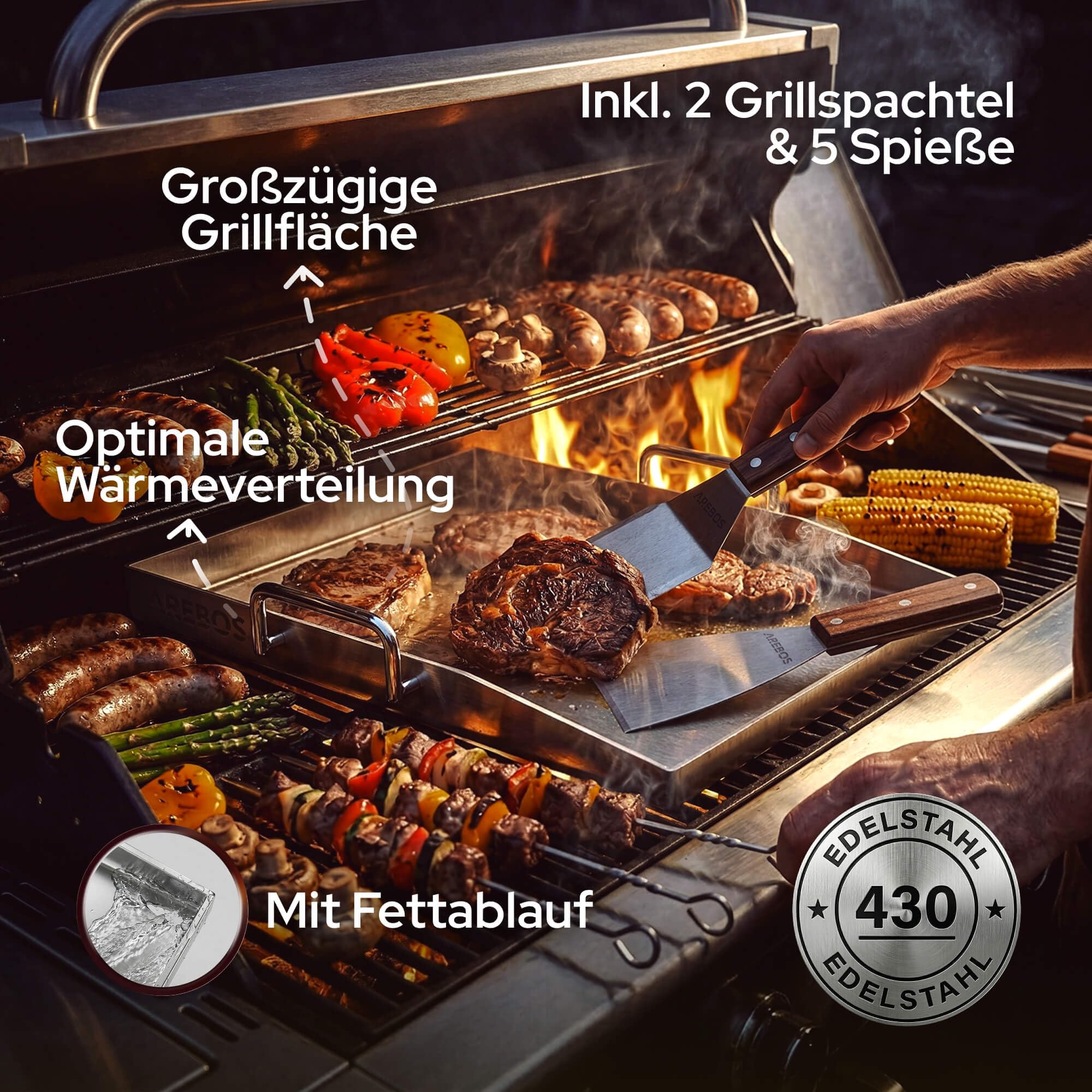 Arebos Plancha Grillplatte Edelstahl 40x30 cm | für Gasgrill, Holzkohlegrill & Camping | 4 mm massiv | 800 °C | LFGB | Fettablauf | 2 Grillspachtel & 5 Spieße | spülmaschinengeeignet
