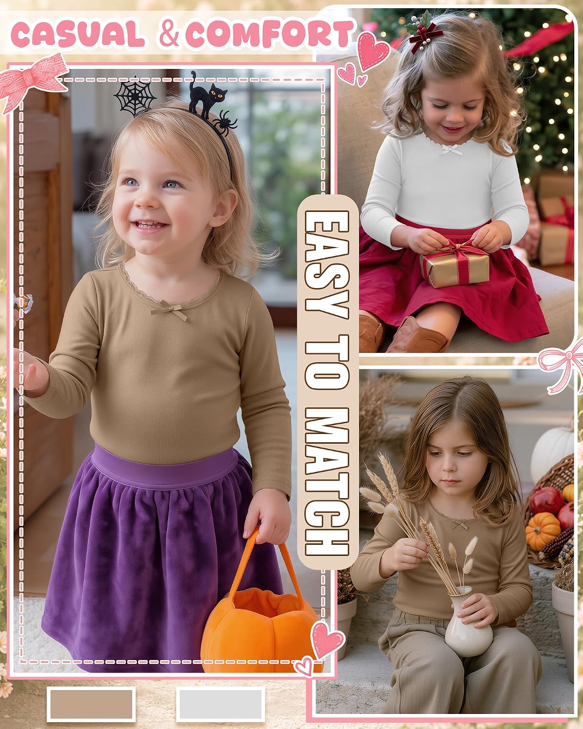 2 Pack Toddler Girl Long Sleeve Shirts Soft Baby Crewneck Basic Tees Casual Bow Tops 18M-5T
