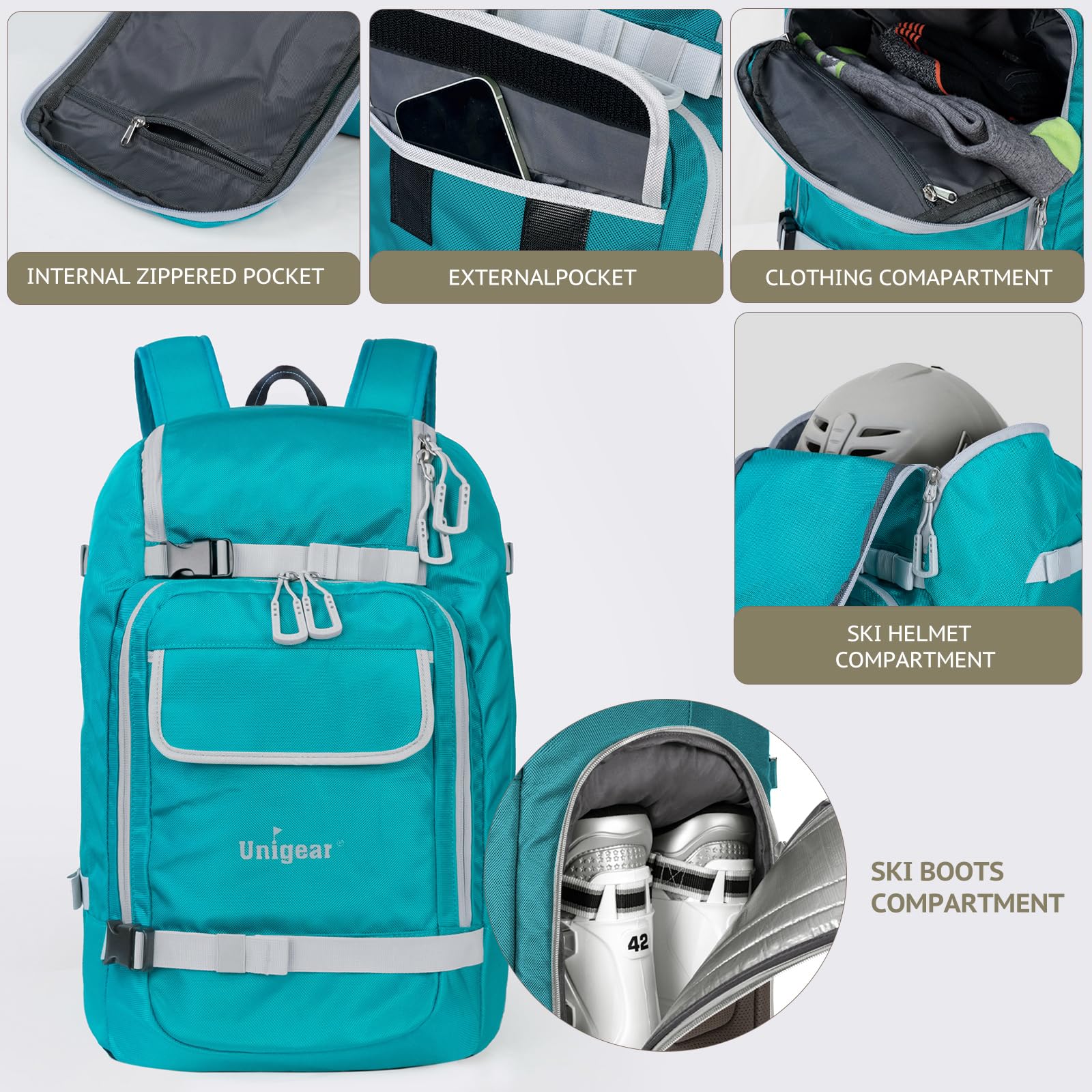 Unigear Borse per Scarponi Sci, 50L/70L Zaino per Scarponi da Sci Snowboard con Sistema Molle Negozio Attrezzatura Inclusa Scarpe, Giacca, Casco, Occhiali, Guanti, Scarponi da Neve
