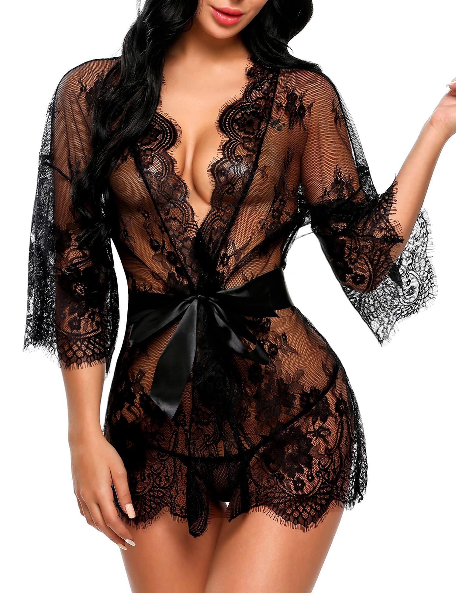 Women's Lace Kimono Robe Babydoll Lingerie Mesh Nightgown S-5XL