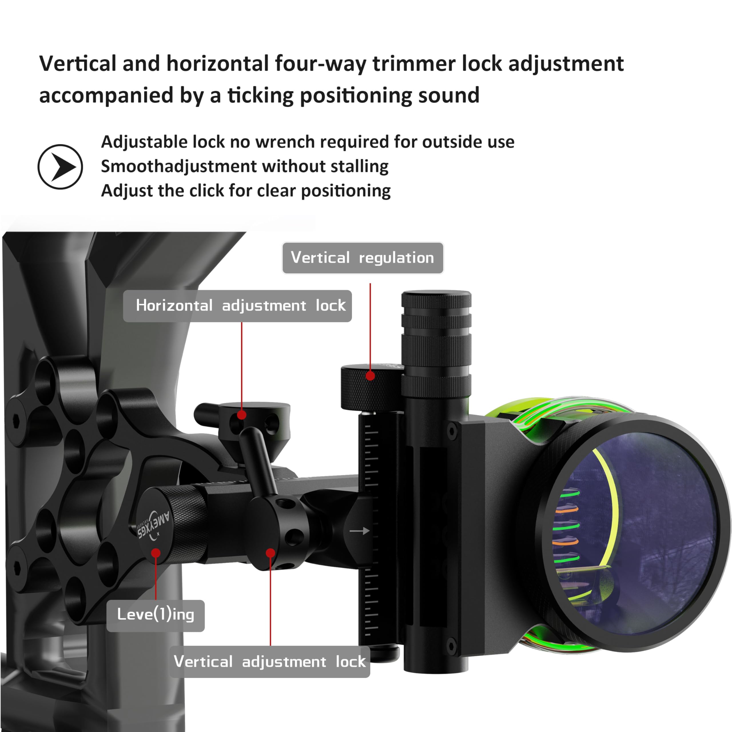 Mirino composto a 5 pin, regolazione del vento e dell'elevazione senza attrezzi, perni in fibra ottica 0,019 con kit di lenti di ingrandimento 4X, 6X, 8X, DX, LH, per caccia con l'arco