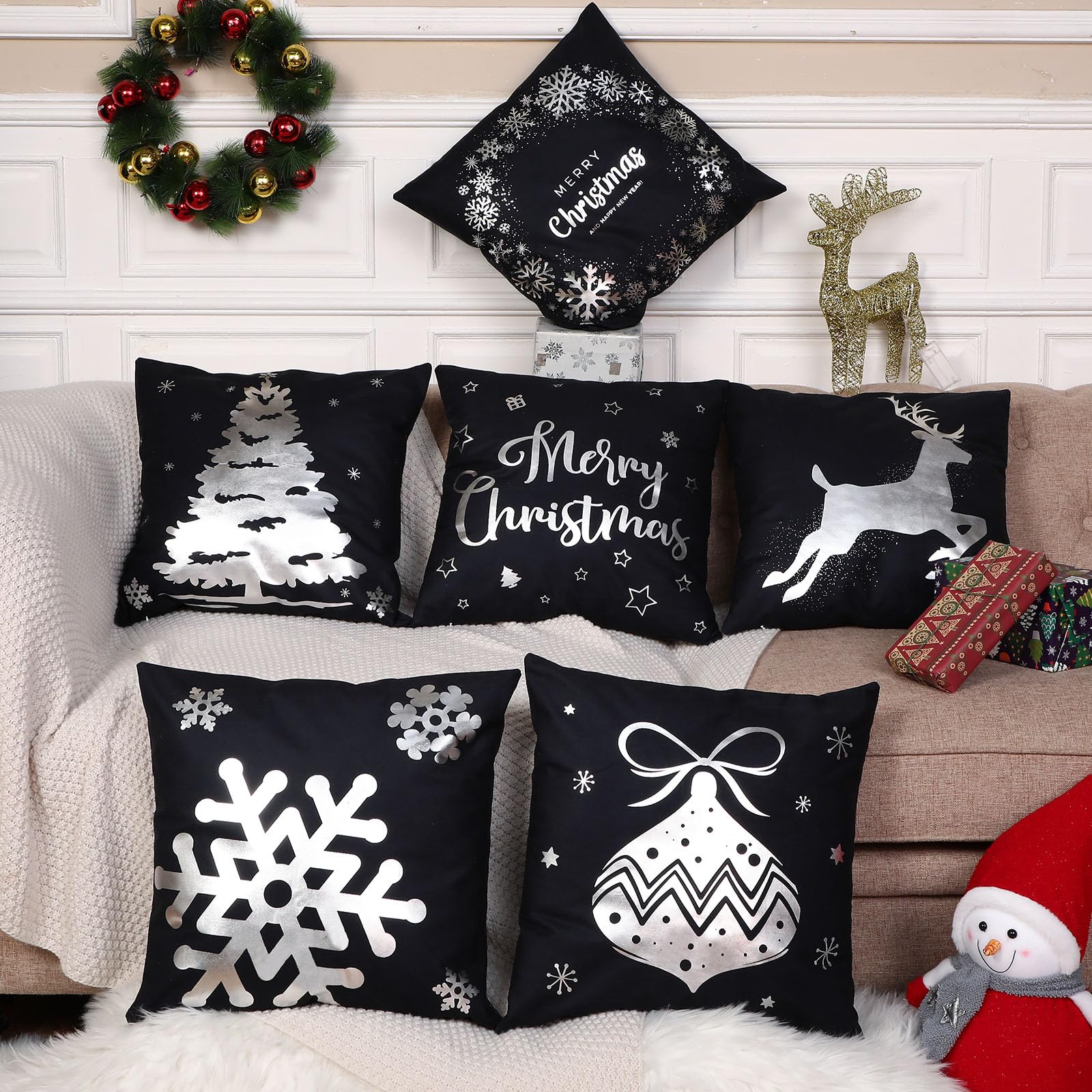 6 Pcs Housses de Coussin de Noël Taies d'oreiller Joyeux Noël Housses d'oreiller en Peluche pour Décoration d'hiver Vacances Canapé Sofa Bureau Chambre 45 x 45 cm (Noir, Argent)