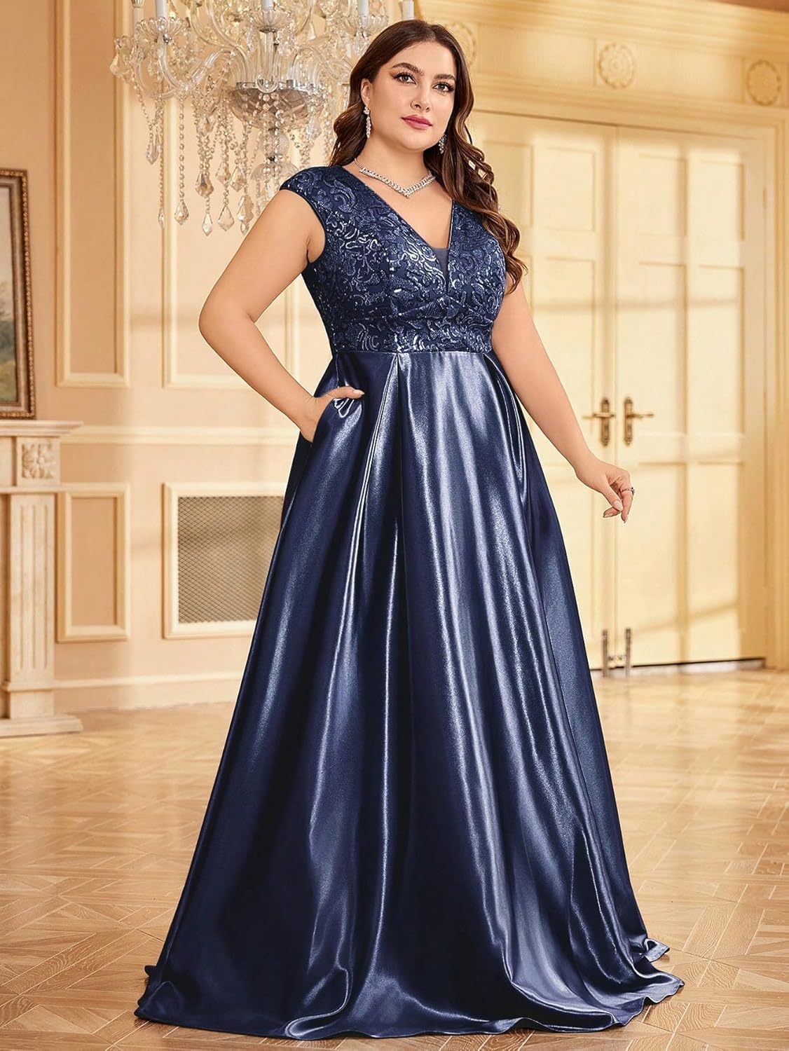 Plus Size Satin Mother of The Bride Formal Gown for Wedding Sleeveless V-Neck Evening Dress - Image 5