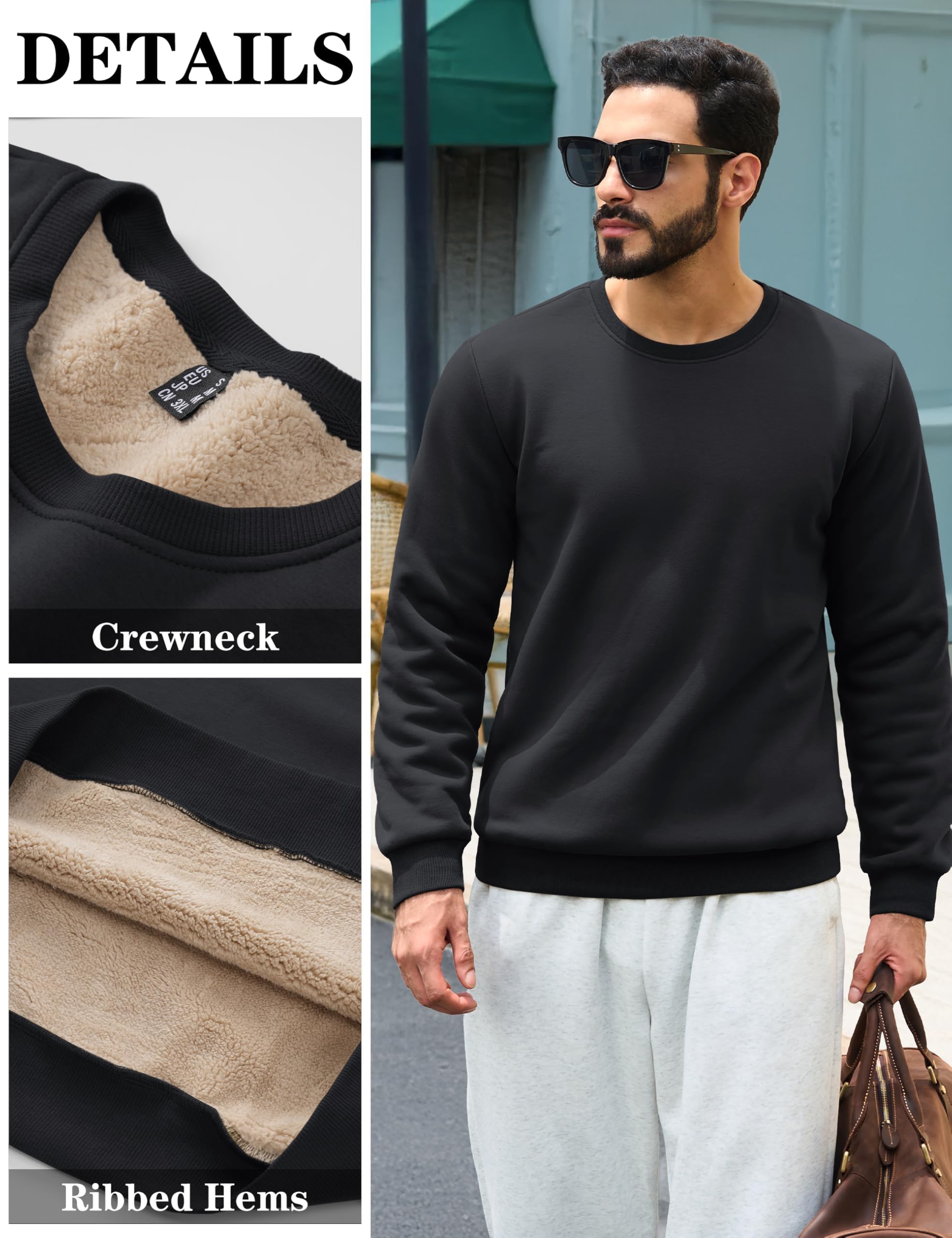 TACVASEN Hombres Cuello Redondo Sudadera Invierno Pullover Cálido Forro Polar Sherpa Sudadera Manga Larga