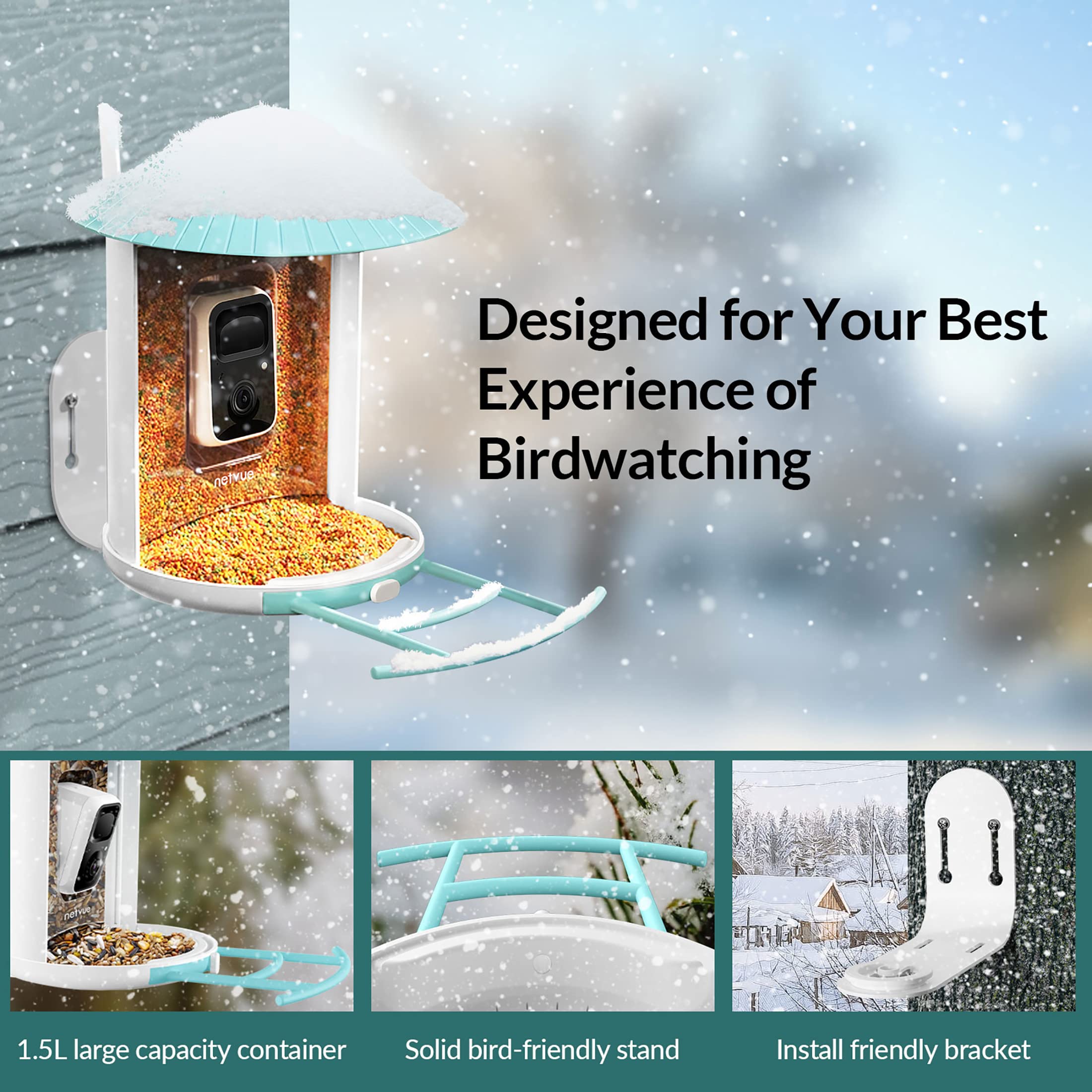 NETVUE Birdfy - Comedero Inteligente para Pájaros con Cámara y Panel Solar, Reconocimiento AI de Especies de Aves, Exterior con Potente Base de Datos de Aves