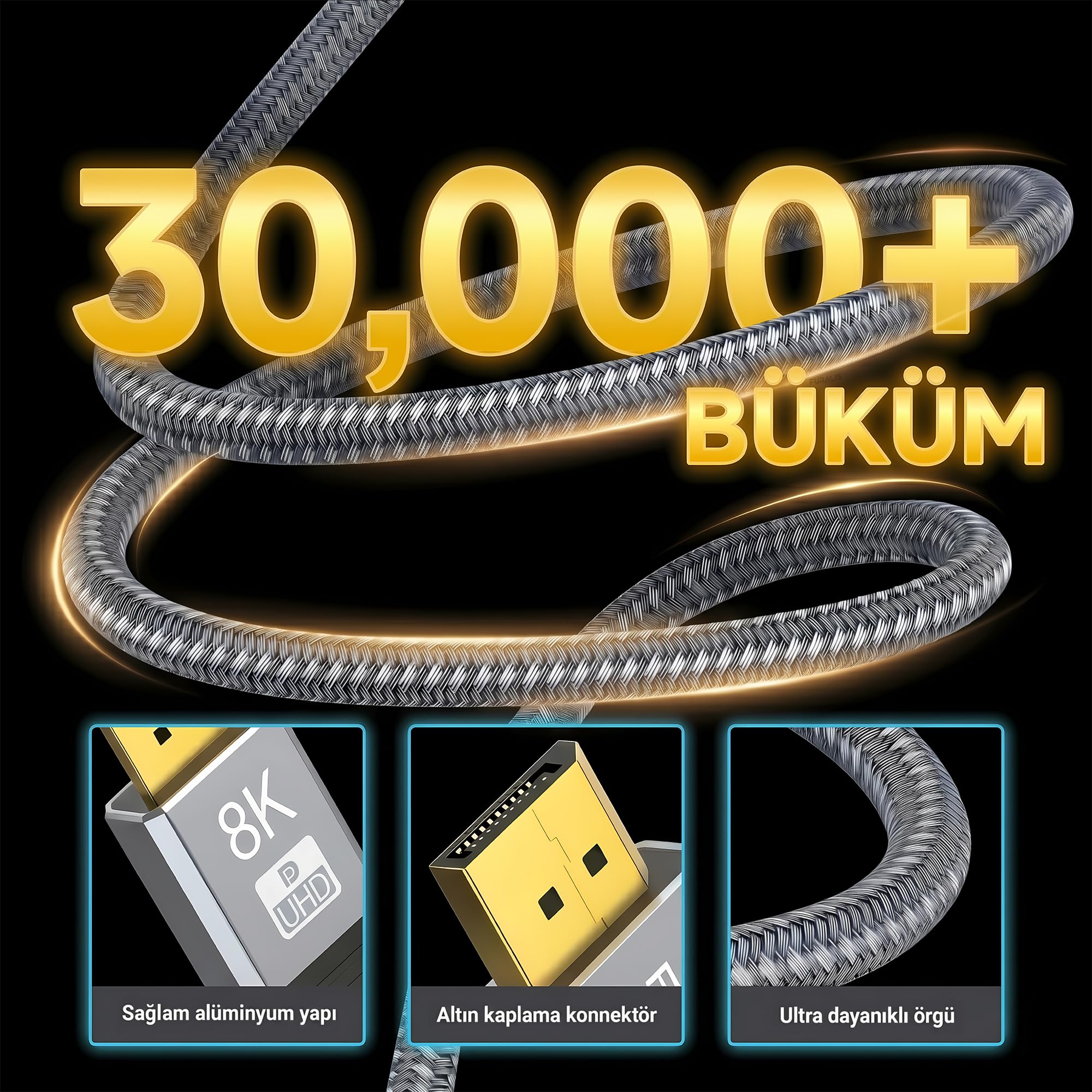 Furalis 8K DisplayPort Kablosu DP 1.4 (3 METRE) - 8K 60Hz / 4K 144Hz / 2K 165Hz - HDR10, 3D, Ses+Görüntü - Alüminyum Gövdeli ve Örgülü Gaming Monitör Kablosu