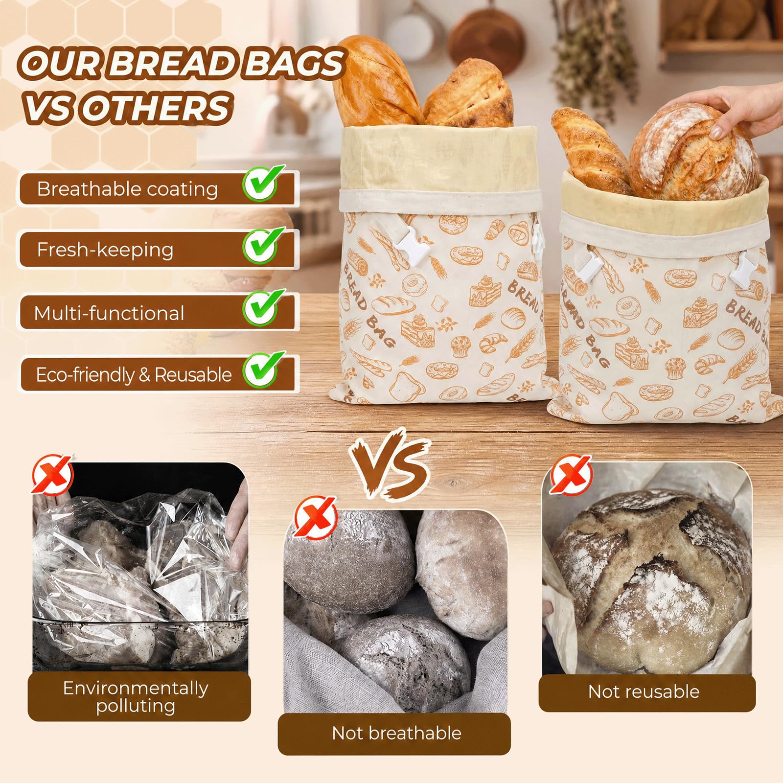 Confezione da 2 sacchetti riutilizzabili per pane di cera d'api, 44 cm x 33 sacchetti di cotone rivestiti in cera d'api naturale, per la conservazione di lievito e pane fatto in casa