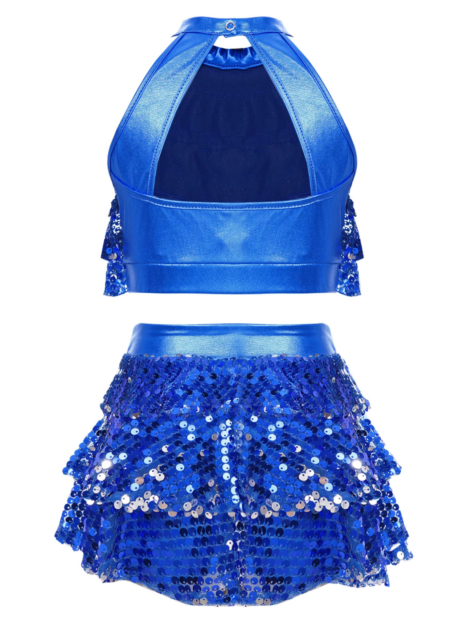 easyforever Girls Sleeveless Backless Shiny Sequins Tiered Crop Top with Skirt Latin Jazz Modern Performance Dancewear Royal Blue 7-8 Years