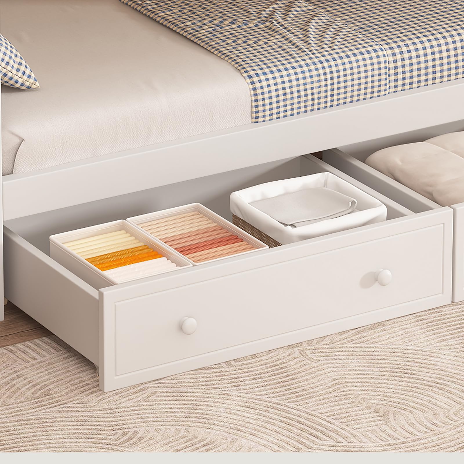 Letto a castello per bambini, 90 x 200 cm, con porta di sicurezza, finestra, due cassetti su ruote e scala con quattro ripostigli. Legno bianco e naturale. (Bianco)