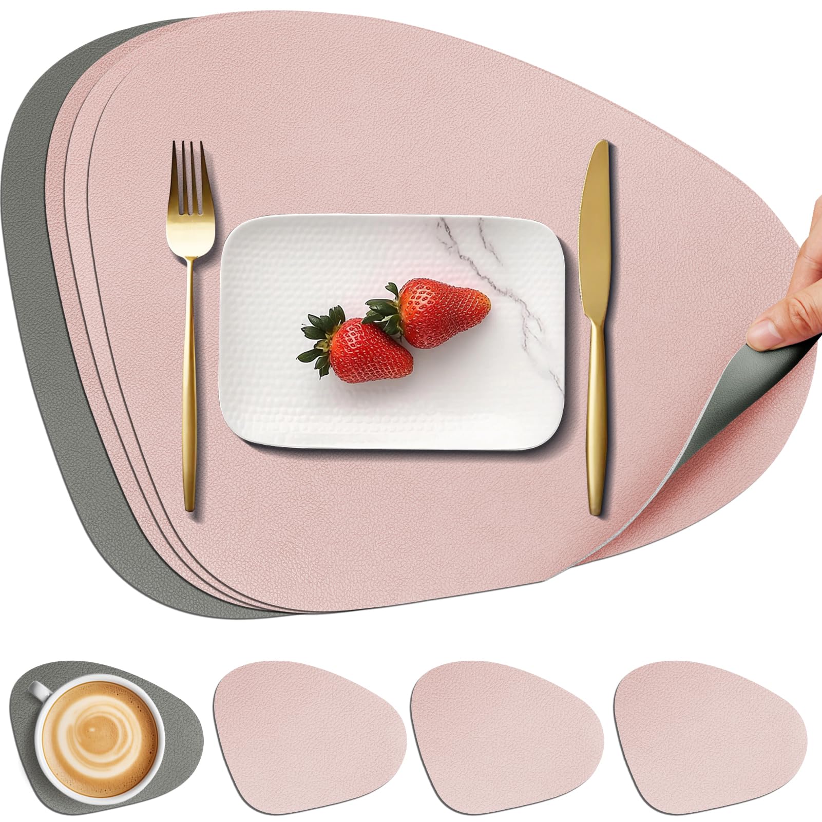 HEYOMART Leather Table Mats and Coasters Set of 4, Placemat Round PU Waterproof Dual-Sided Kitchen Place Mats Non-Slip Washable Placemats and Coaster, Grey Pink