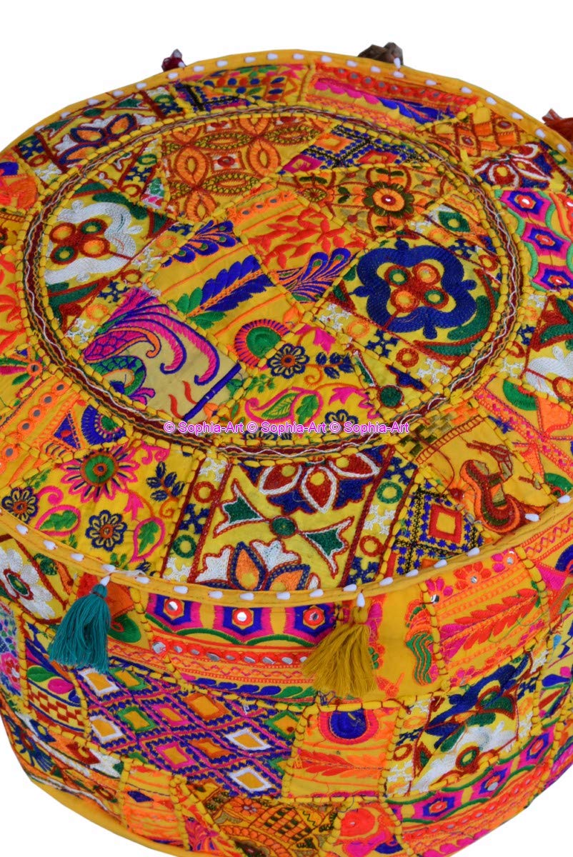 Sophia-Art Indian Embroidered Patchwork Cover Indian Decorative Pouf Indian Comfortable Floor Cotton Cushion Ottoman Pouf,Indian Designs Ethnic Patchwork Pouf (Yellow Rajkoti, 14"x22") 3