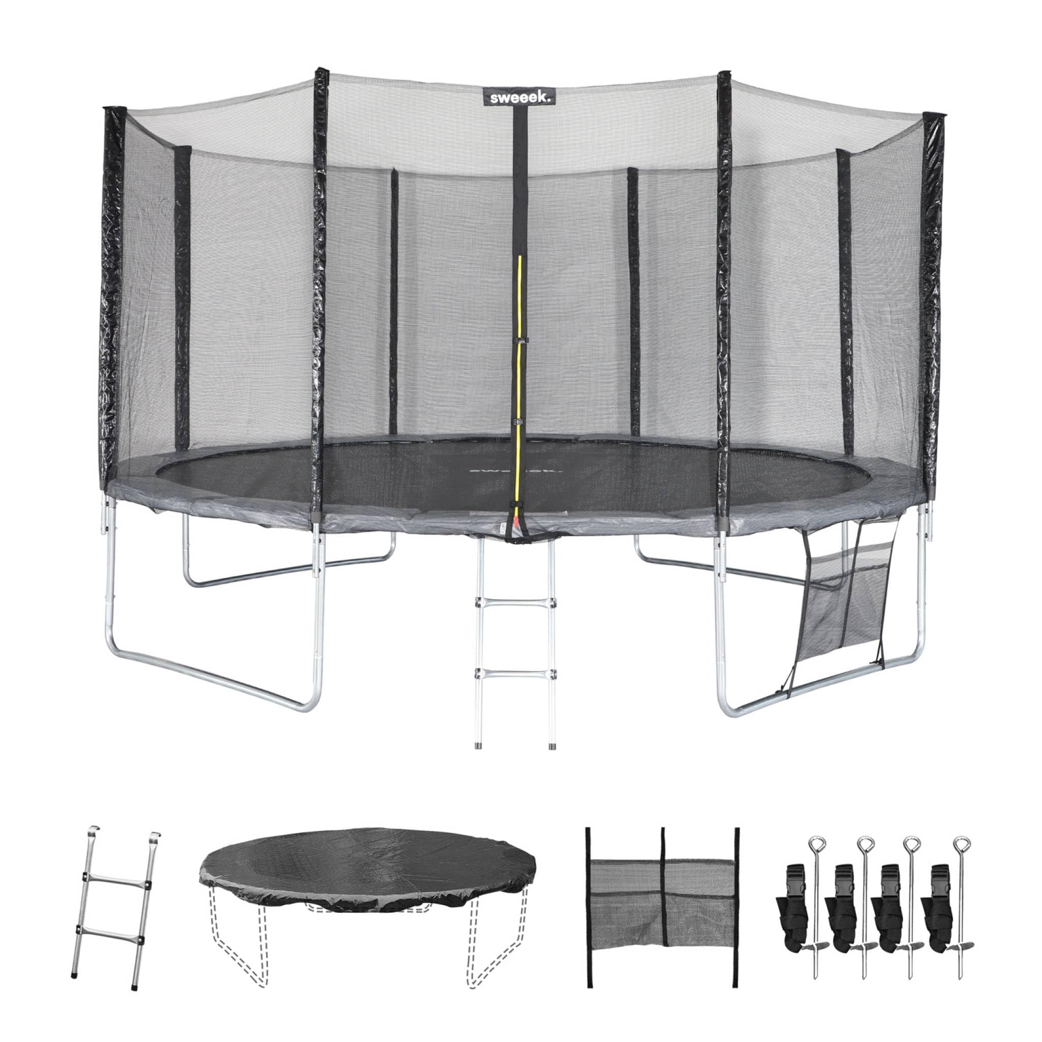 sweeek Alice's Garden - Trampoline 430cm Gris avec Filet de Protection. échelle. bâche. Filet pour Chaussures. kit d'ancrage - Vénus XXL- Trampoline de Jardin 430 cm 4m| Qualité Pro|Normes EU