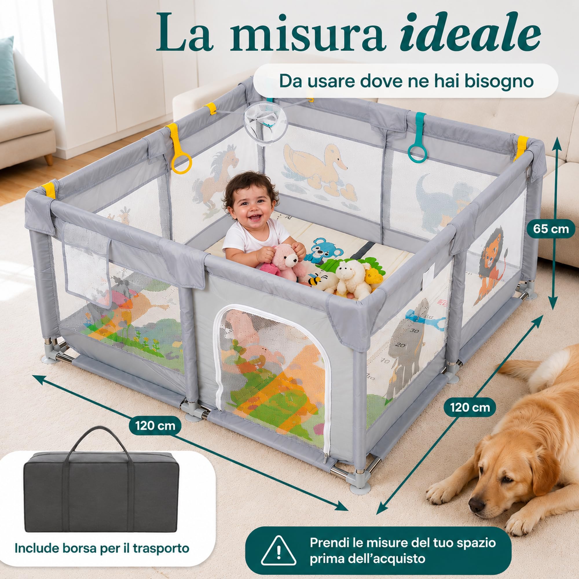 PARVULI Box per Bambini Pieghevole 120x120 cm Recinto per Bambini in Ferro Struttura Stabile, Box Neonato con Tappeto Morbido Imbottito e Rete Traspirante - Animali