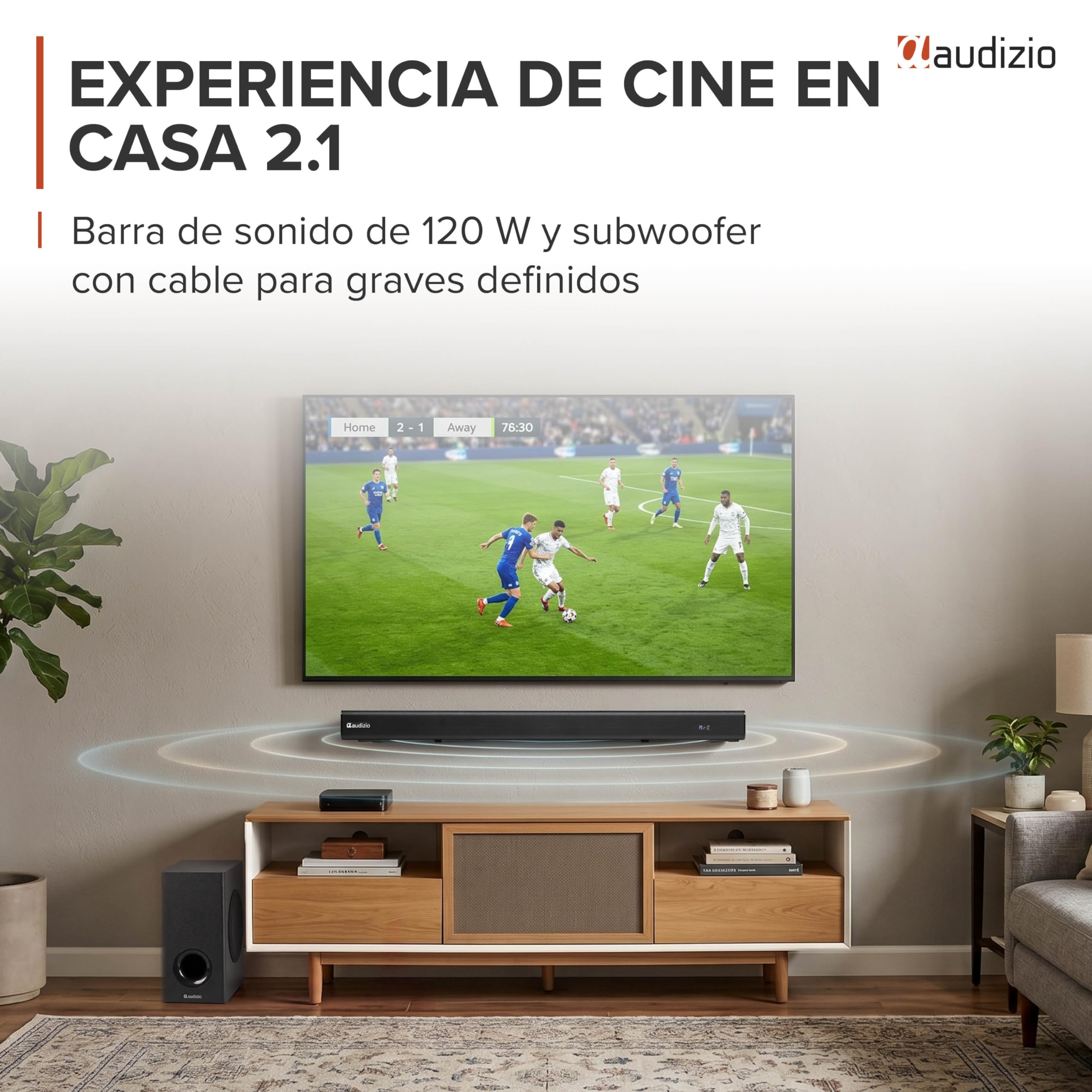 Audizio SB82S – Barra de Sonido 120W con subwoofer 5,25”, HDMI ARC, Bluetooth 5.3, USB y Entrada óptica, soundbar 80 cm para TV con Control Remoto y Montaje Pared, Color Negro