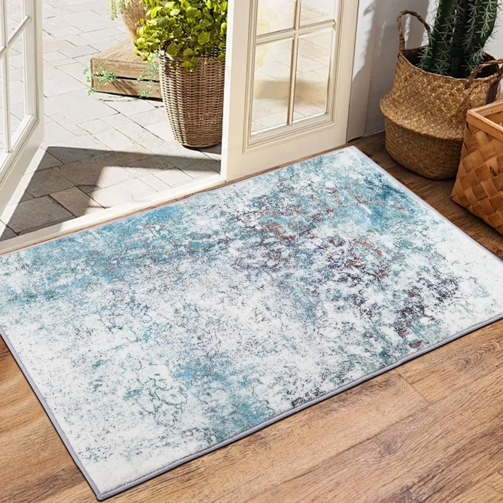Modern Abstract Area Rug 2x3 Small Rugs Washable Bathroom Rug Non-Slip Soft Small Bedside Rug Cyan White Multi