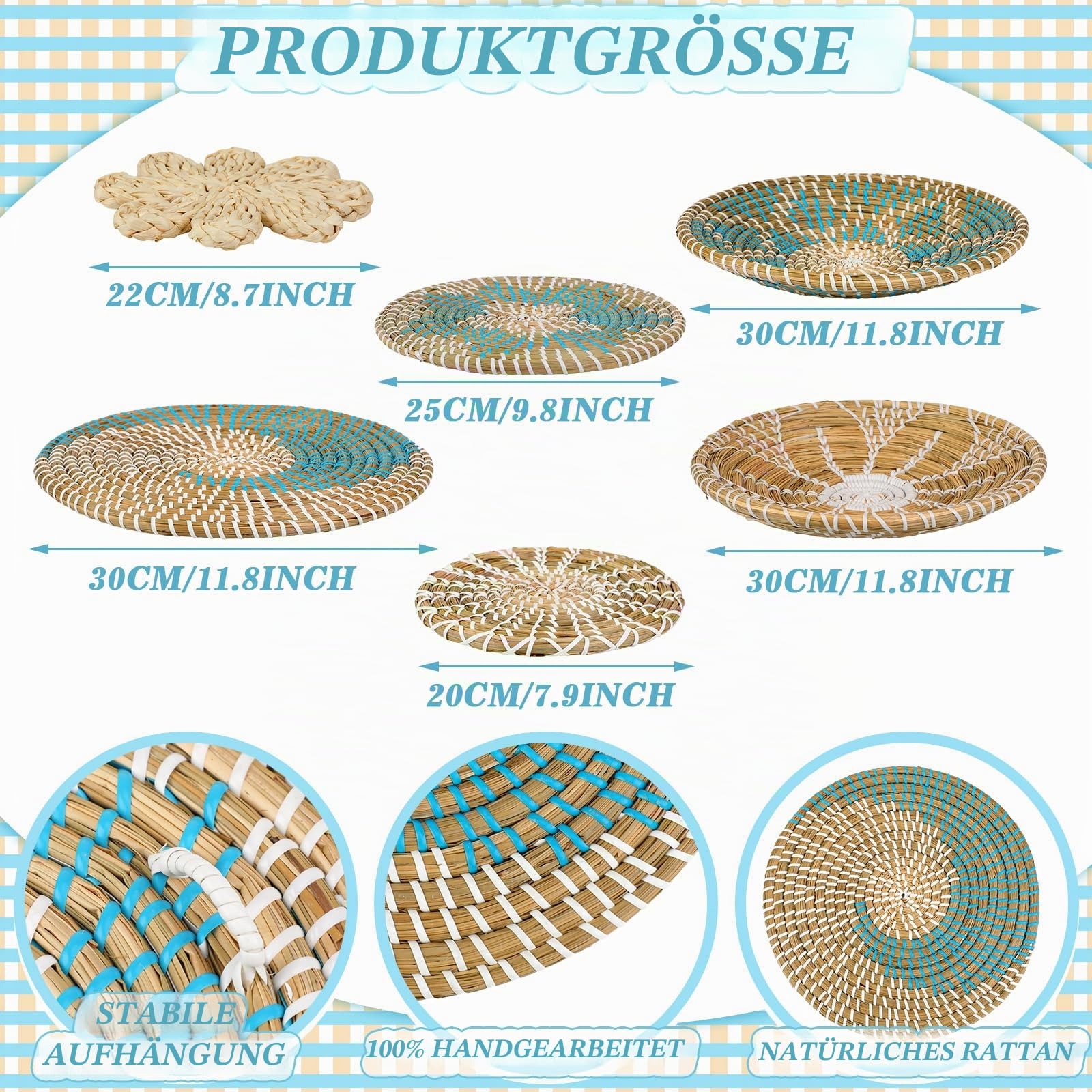 Xuhal Set von 8 hängenden gewebten Wandkorb, handgefertigt, dekorativ, rustikal, Boho, Wandkorb, Dekoration, handgefertigt, Weidenkorb, rund, Seegraskorb, Wandkunst für Zuhause, Küche, Bauernhaus,