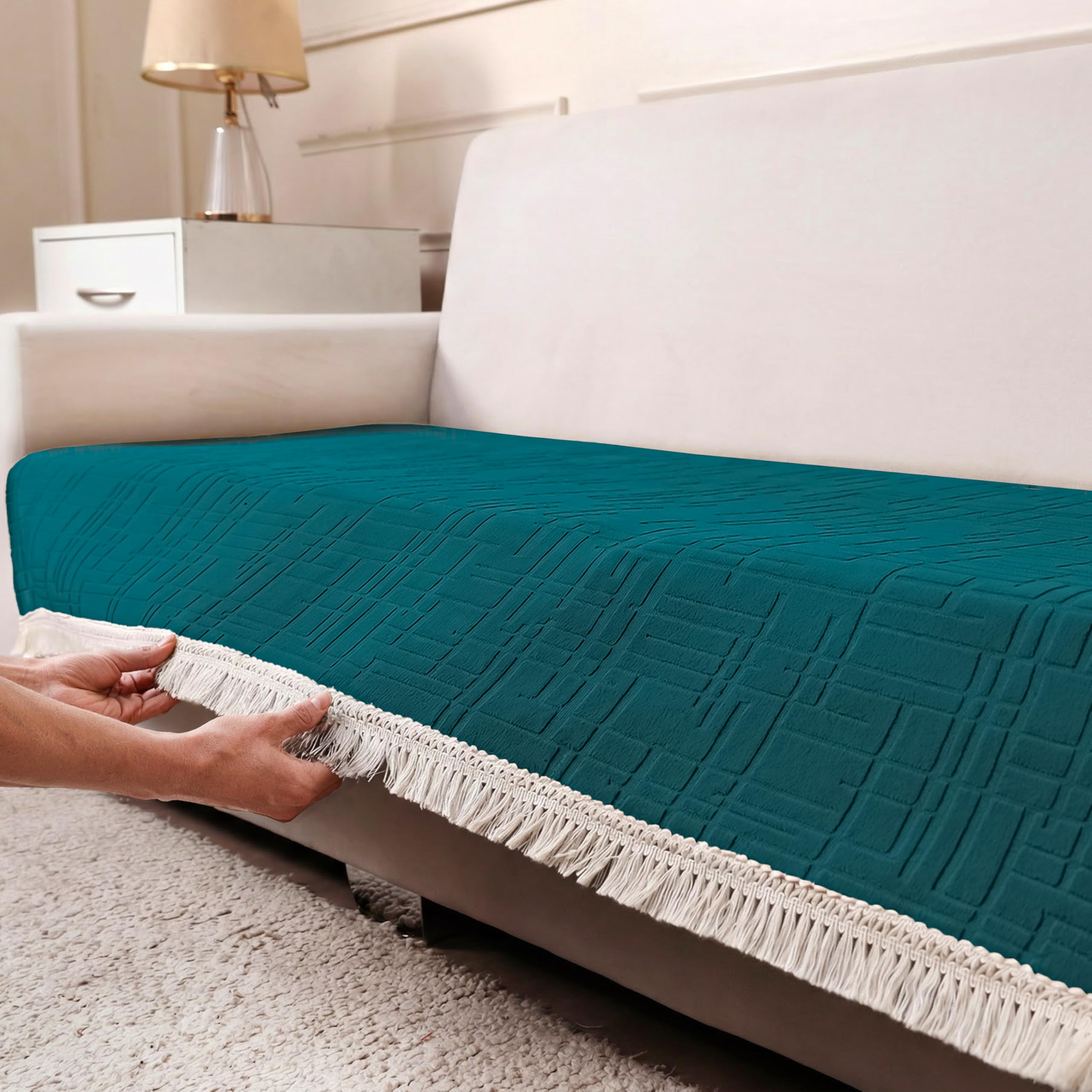 Yellow Weaves Anti Slip 3 Seater Sofa Cover Protector, 90x180 cm | Sofa Throw with Fringe | Non Slip Dot Backing Couch Mat | Washable Slipcover for Living Room | Geometric Lines, Teal Blue