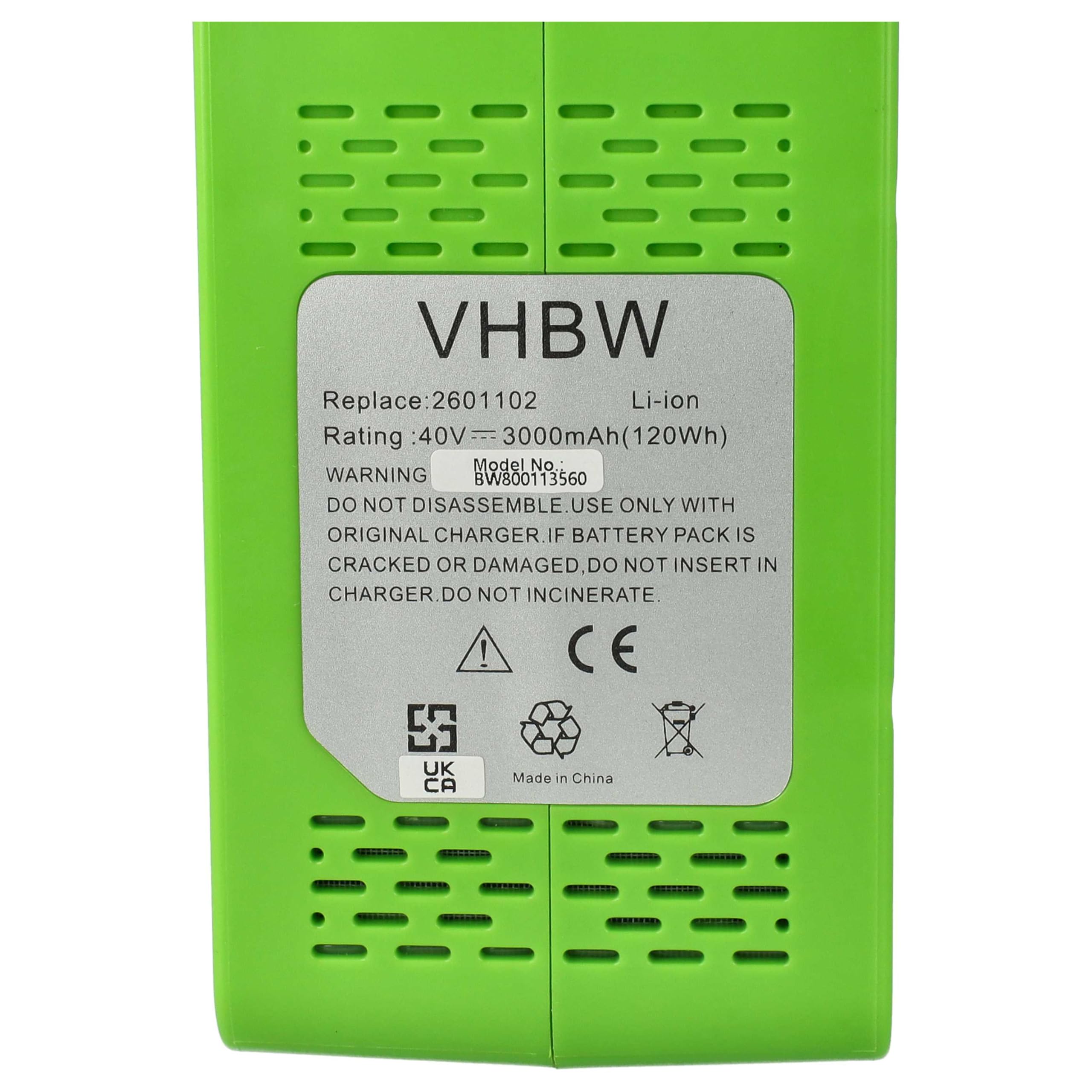 vhbw Batería Compatible con Greenworks Tools 27087, 4100102, 2500207, 2500107 Herramienta (3000 mAh, Li-Ion, 40 V)