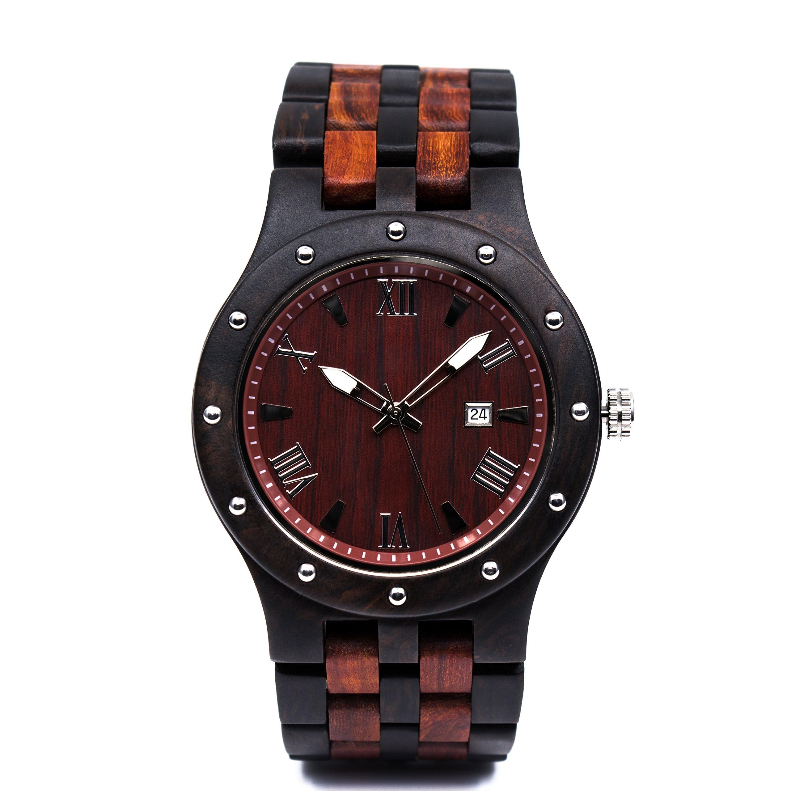 BEWELL - Reloj de pulsera de madera para hombre, hecho a mano, con visualización de fecha, analógico, de cuarzo,