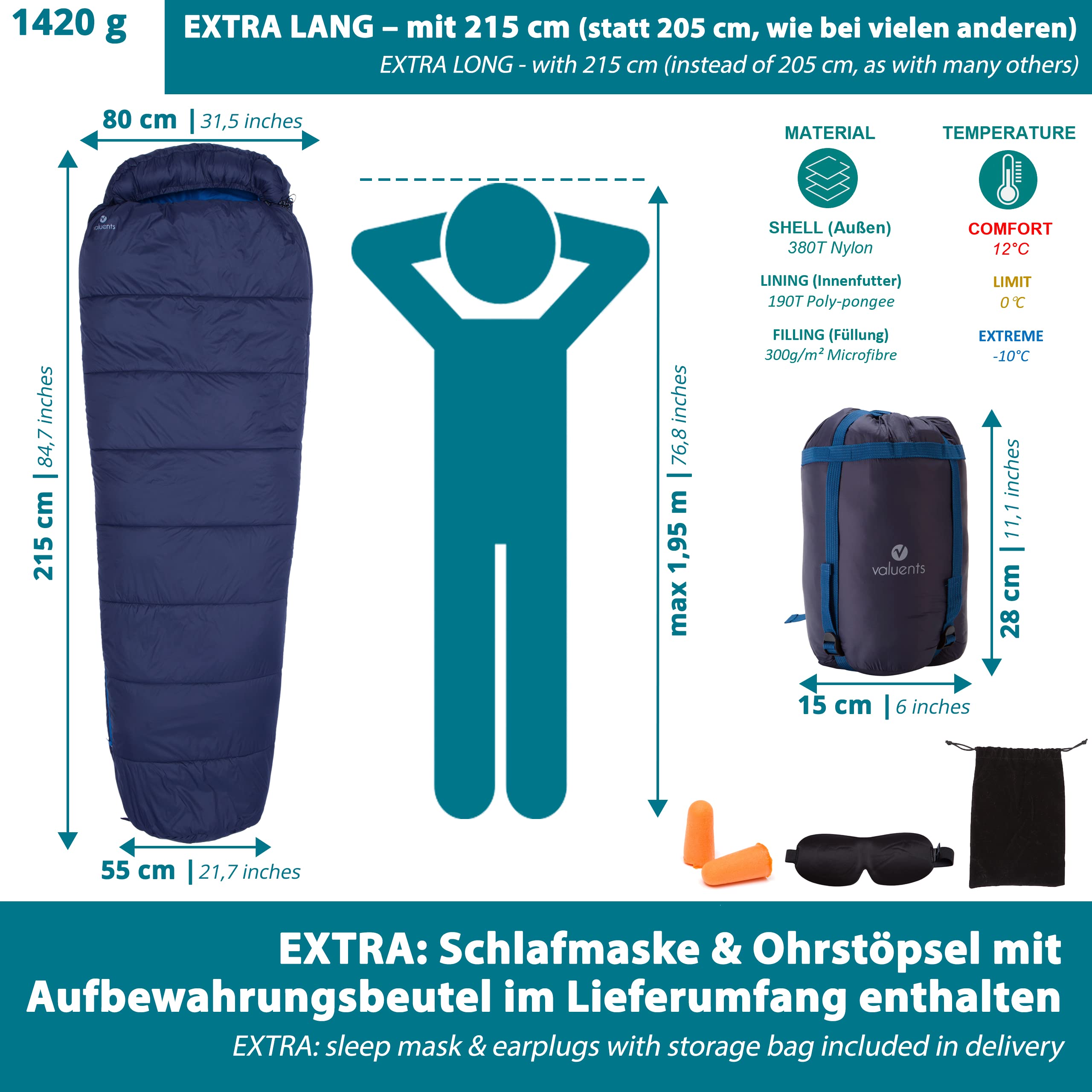 Sacco nanna per esterni, 215 cm, ultraleggero e caldo, con microfibra, imbottitura: 3-4 stagioni (300 gsm), dimensioni ridotte + più: maschera per dormire e tappi per le orecchie