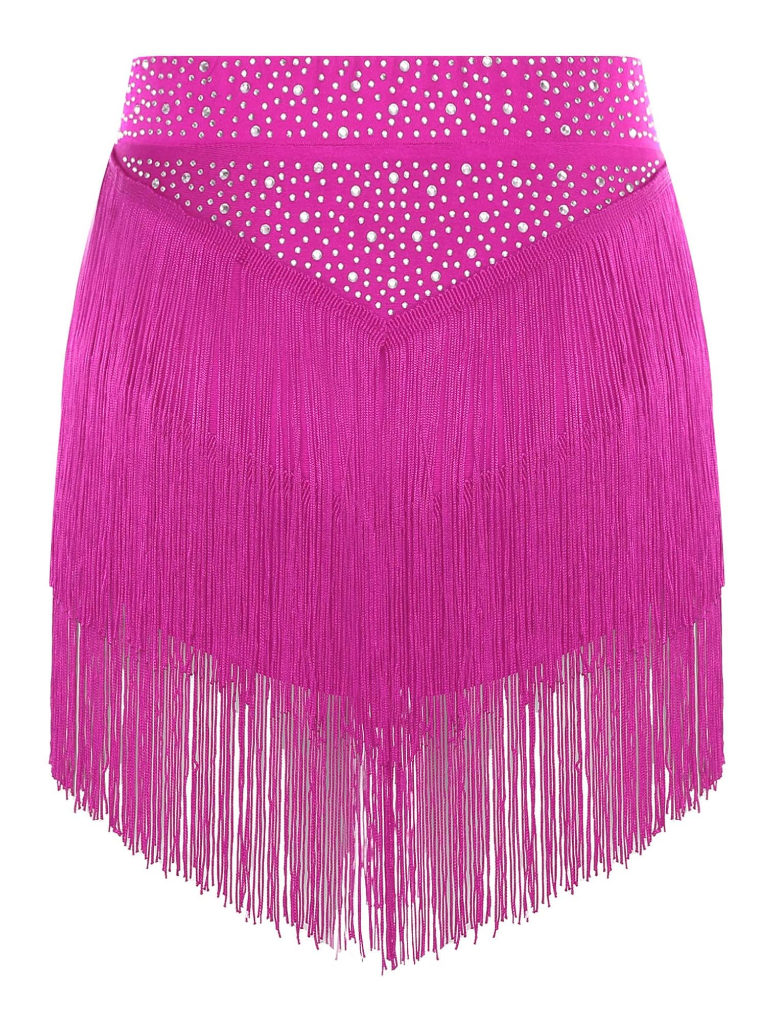 easyforever Women Fringe Dance Skirt Tassel Latin Ballroom Tango Performance Outfits Hot Pink Large