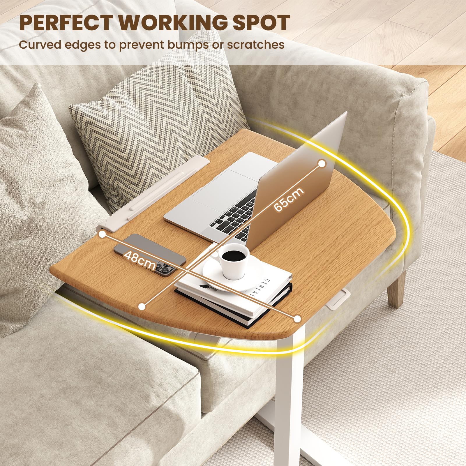 GIANTEX Tavolino regolabile in altezza da 74 a 109 cm, tavolo da letto con ruote nascoste, tavolo per laptop con piano inclinabile di 90°, scrivania pieghevole