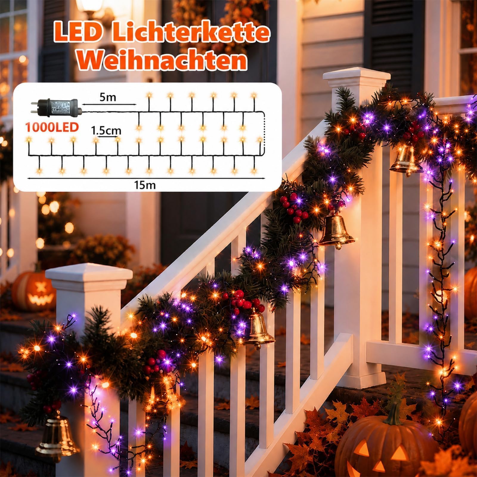 FLSEPAMB Halloween Deko Lichterkette Outdoor, 15M 1000 LEDs Orange Lila